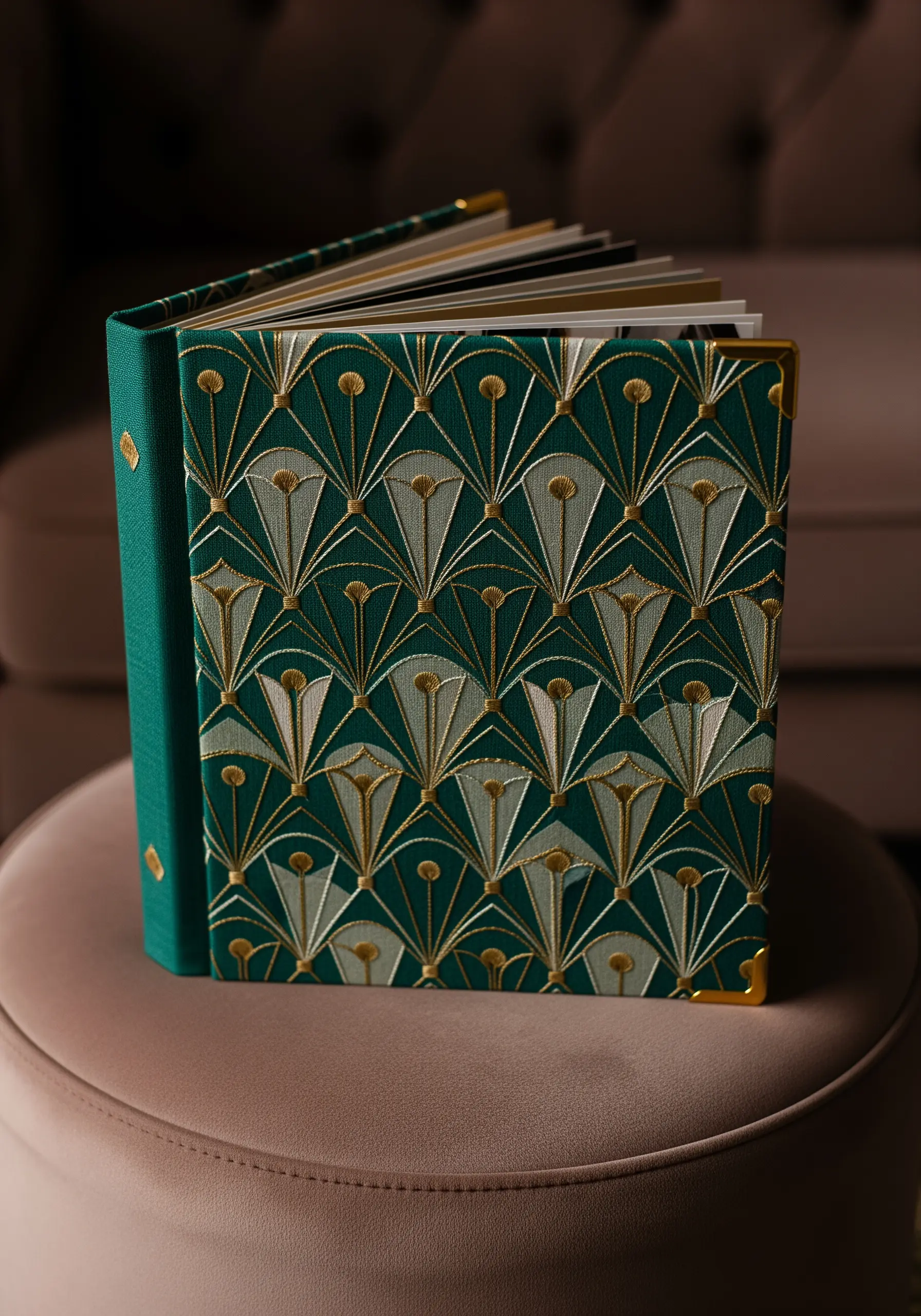 Embroidered Art Deco fan pattern on a dark green book cover.