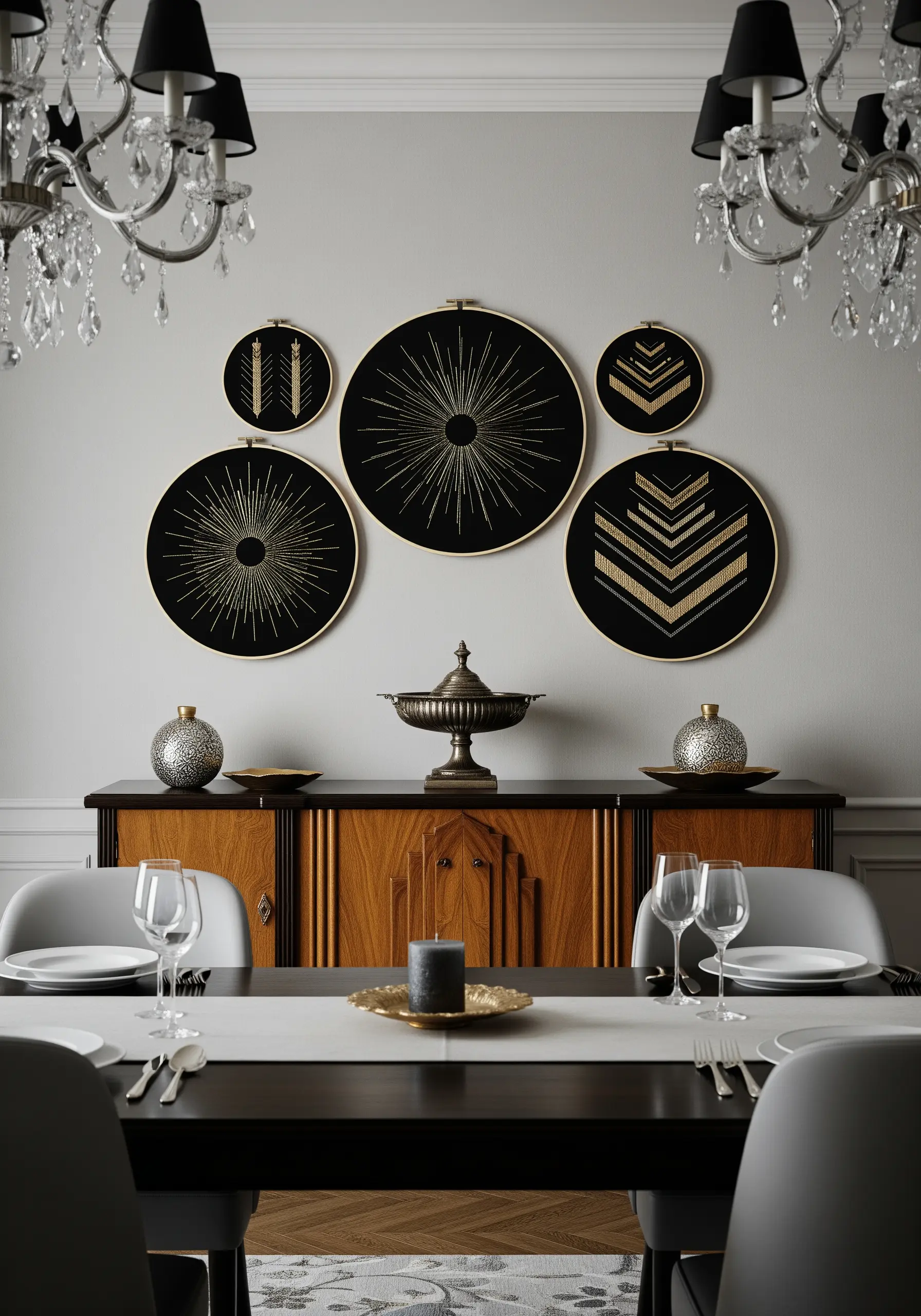 Five hoops on a dining room wall with gold metallic thread Art Deco designs on black fabric.