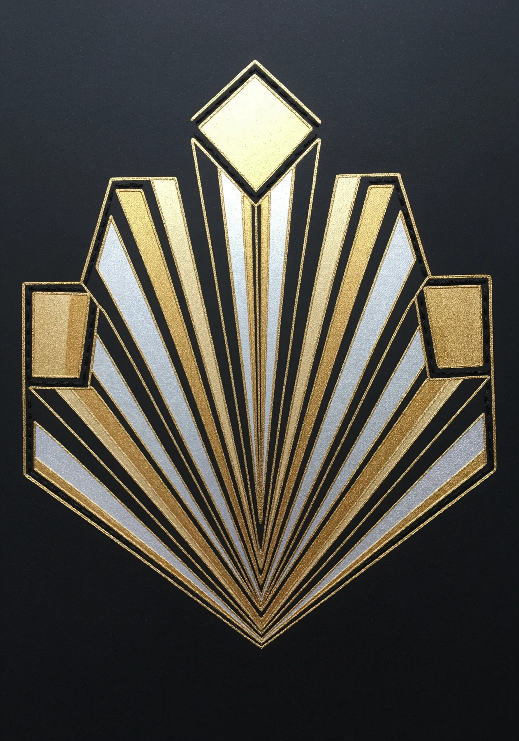 Geometric Art Deco fan design embroidered in gold and silver on black paper.