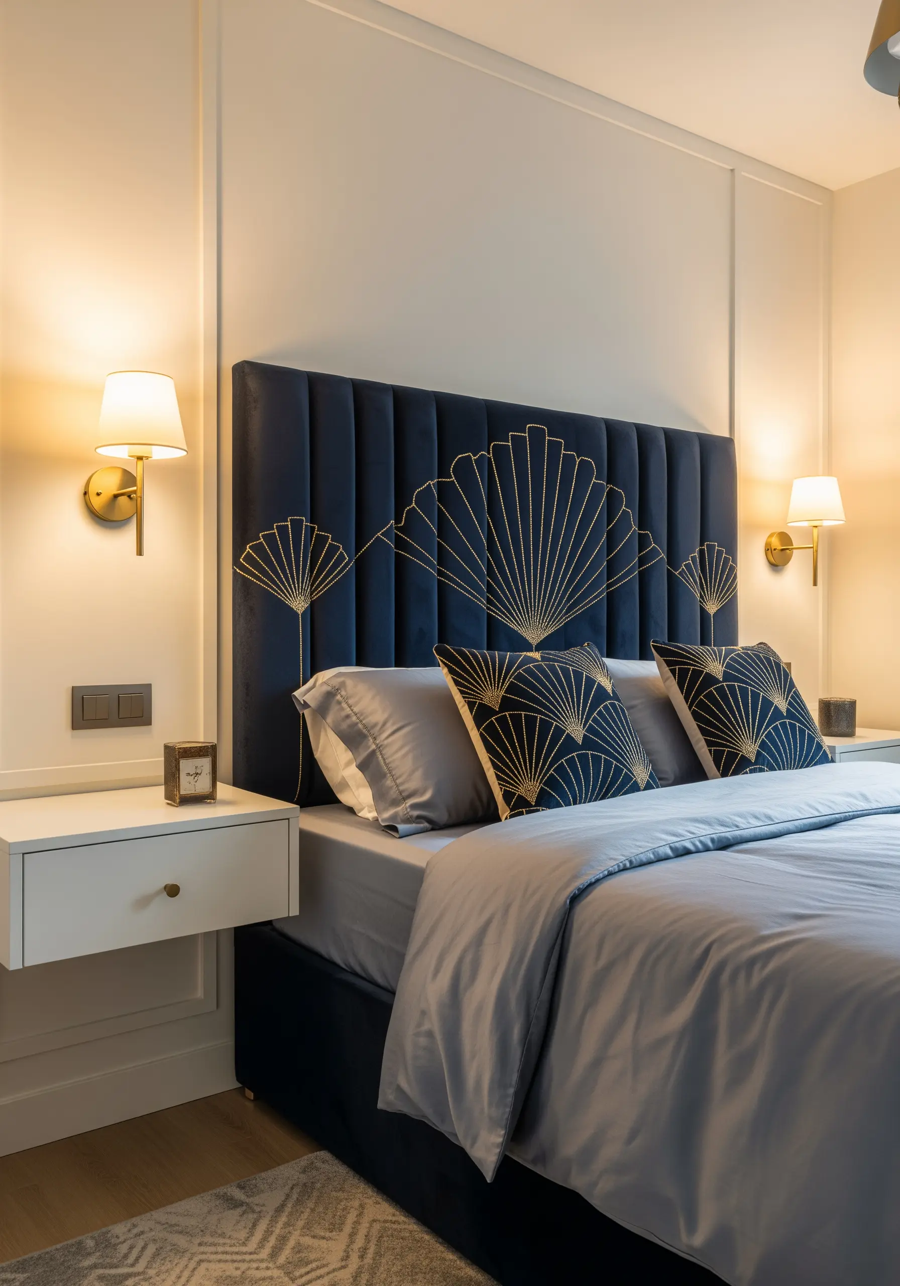 Art Deco style gold thread embroidery on a dark blue velvet headboard and matching pillows.