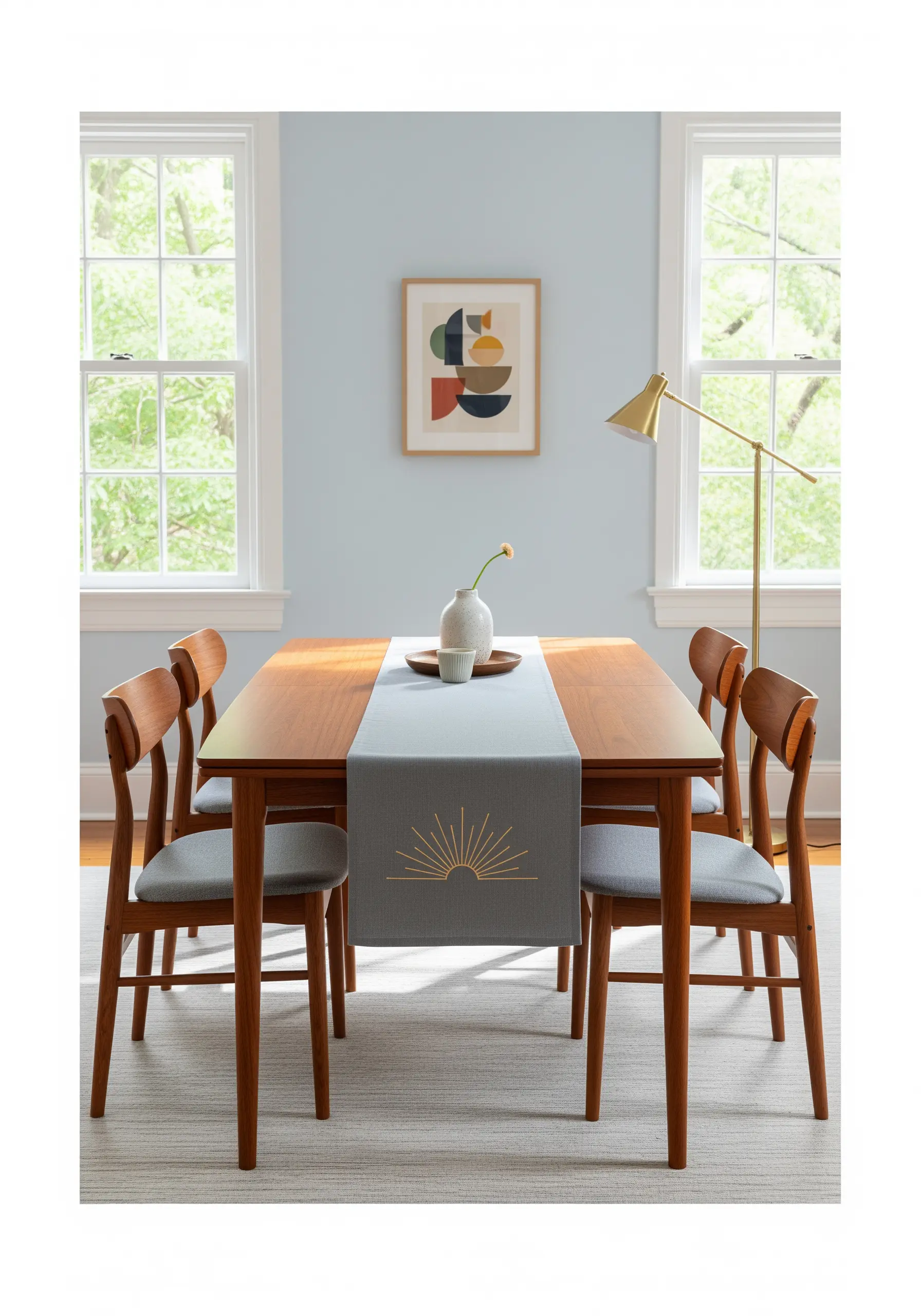 An Art Deco style sunburst embroidered in gold and white on a blue-gray runner