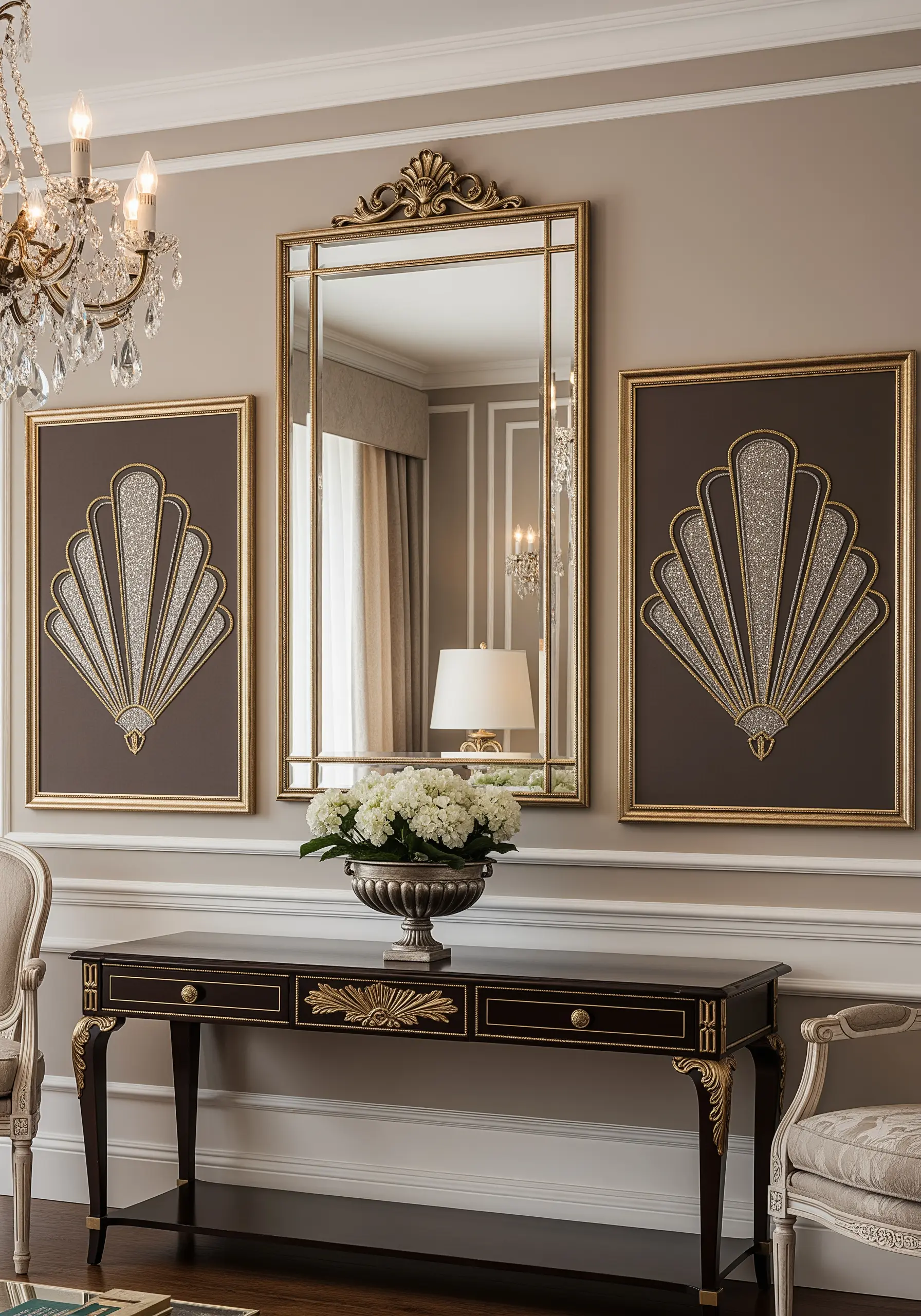 Art Deco fan motifs embroidered with gold metallic thread and silver glitter fill.