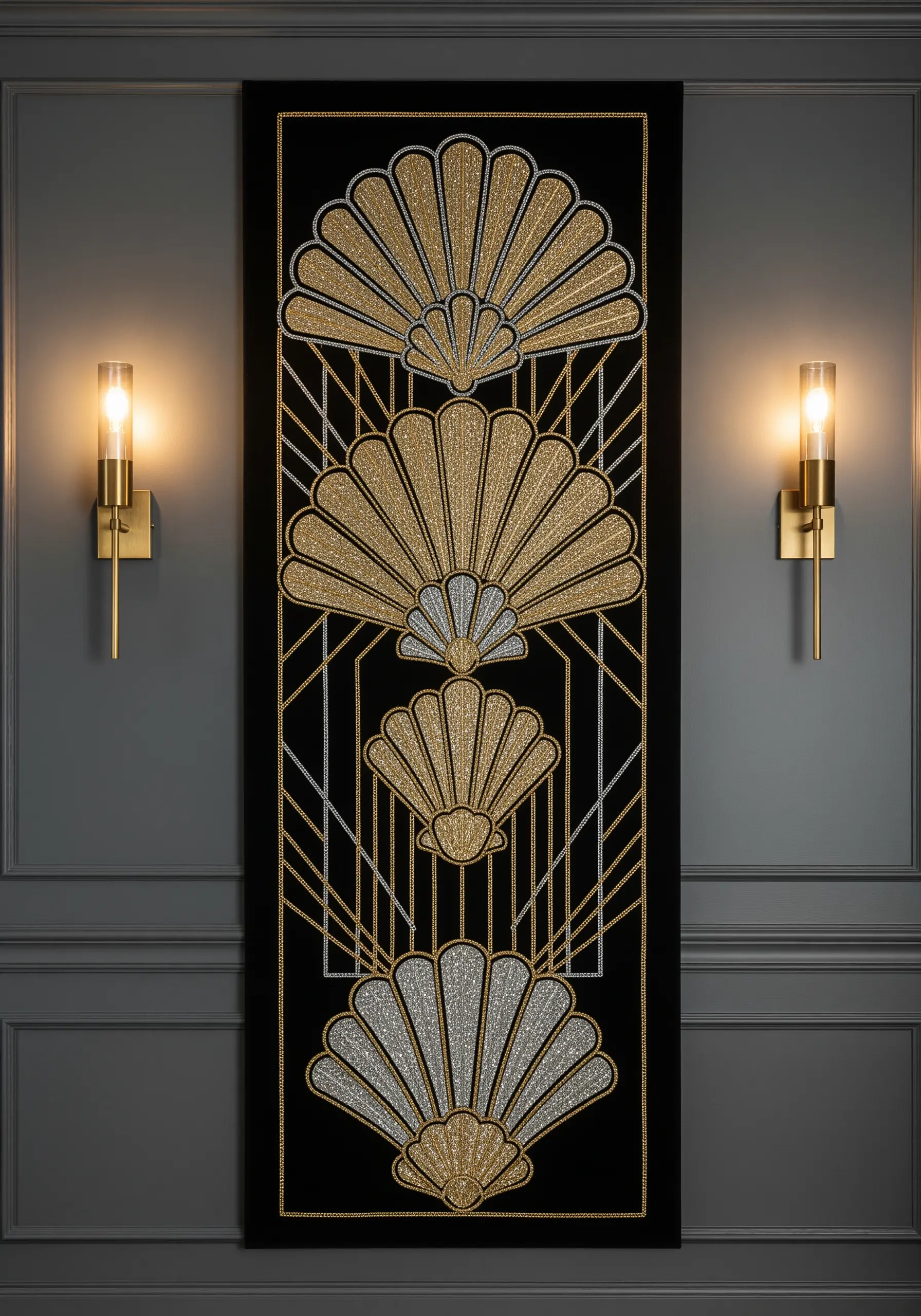 Art Deco embroidery panel with geometric fans in gold and silver metallic thread.