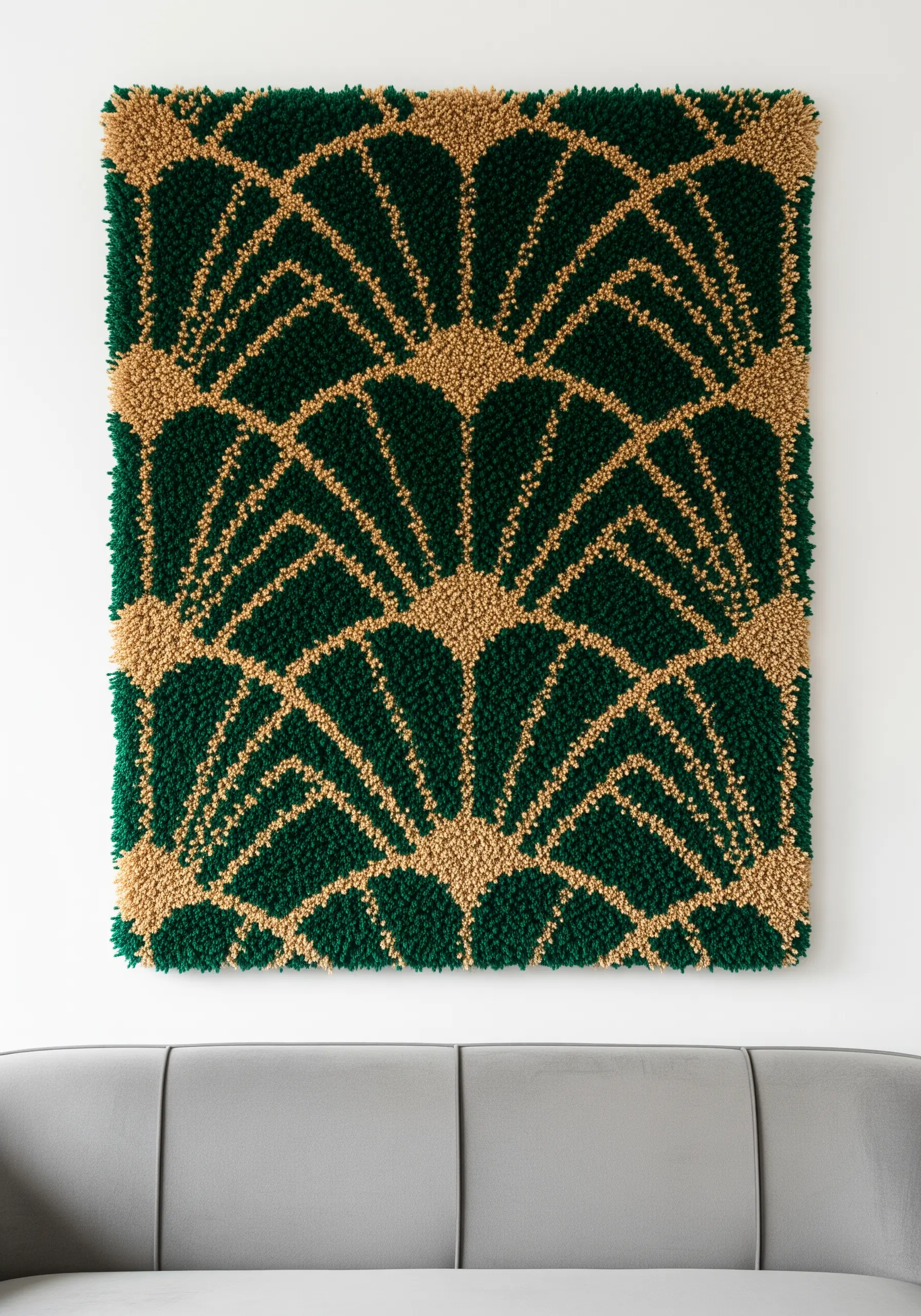 A large punch needle wall hanging with a green and gold Art Deco fan pattern.