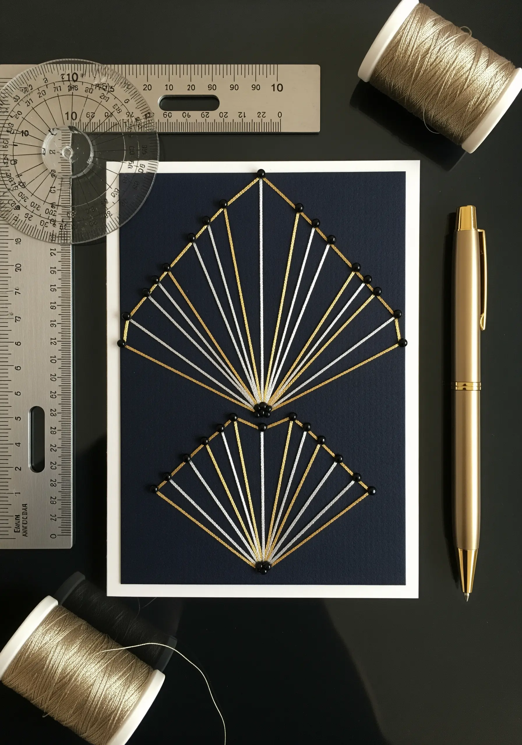 Art Deco fan design made with gold and silver string art, anchored by small black beads.