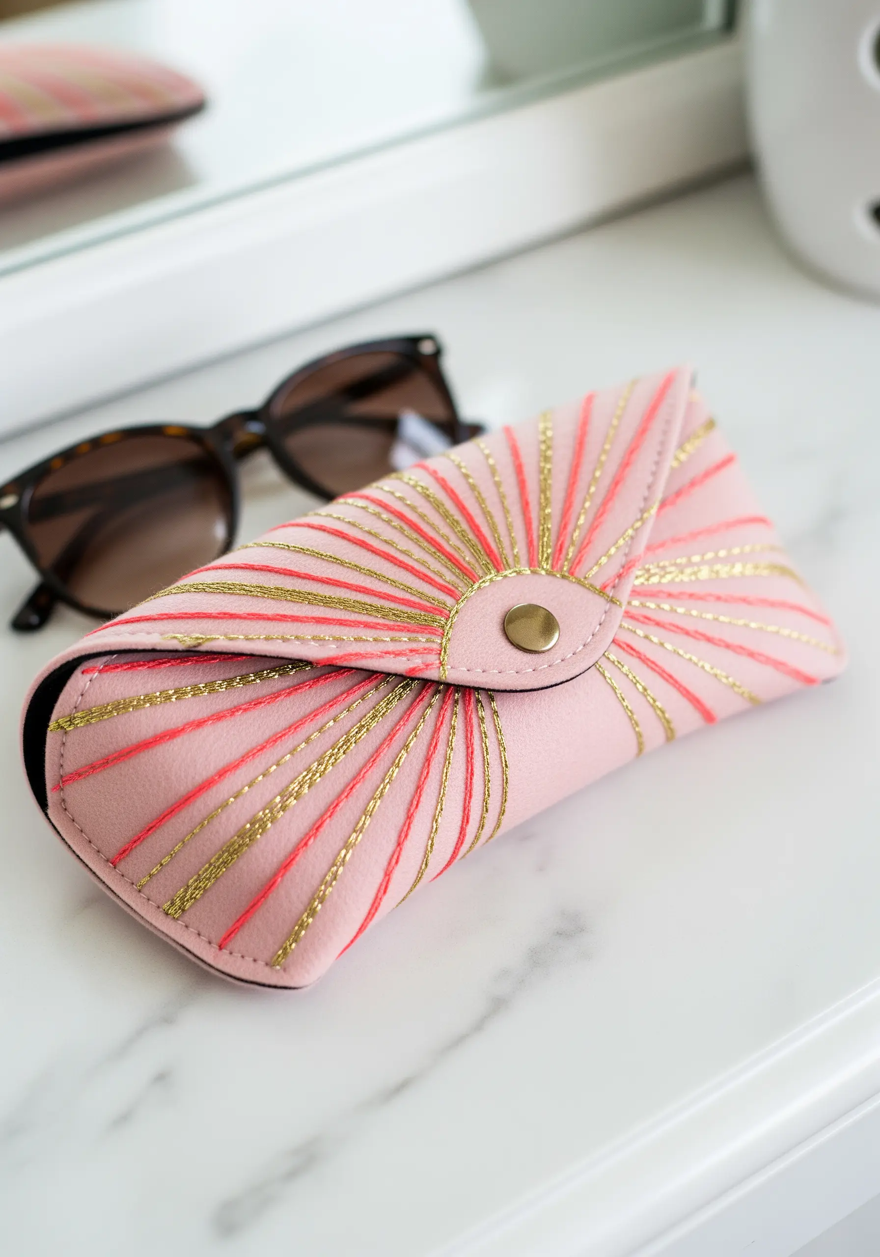 An Art Deco sunburst pattern in pink and gold thread on a pink leather glasses case.