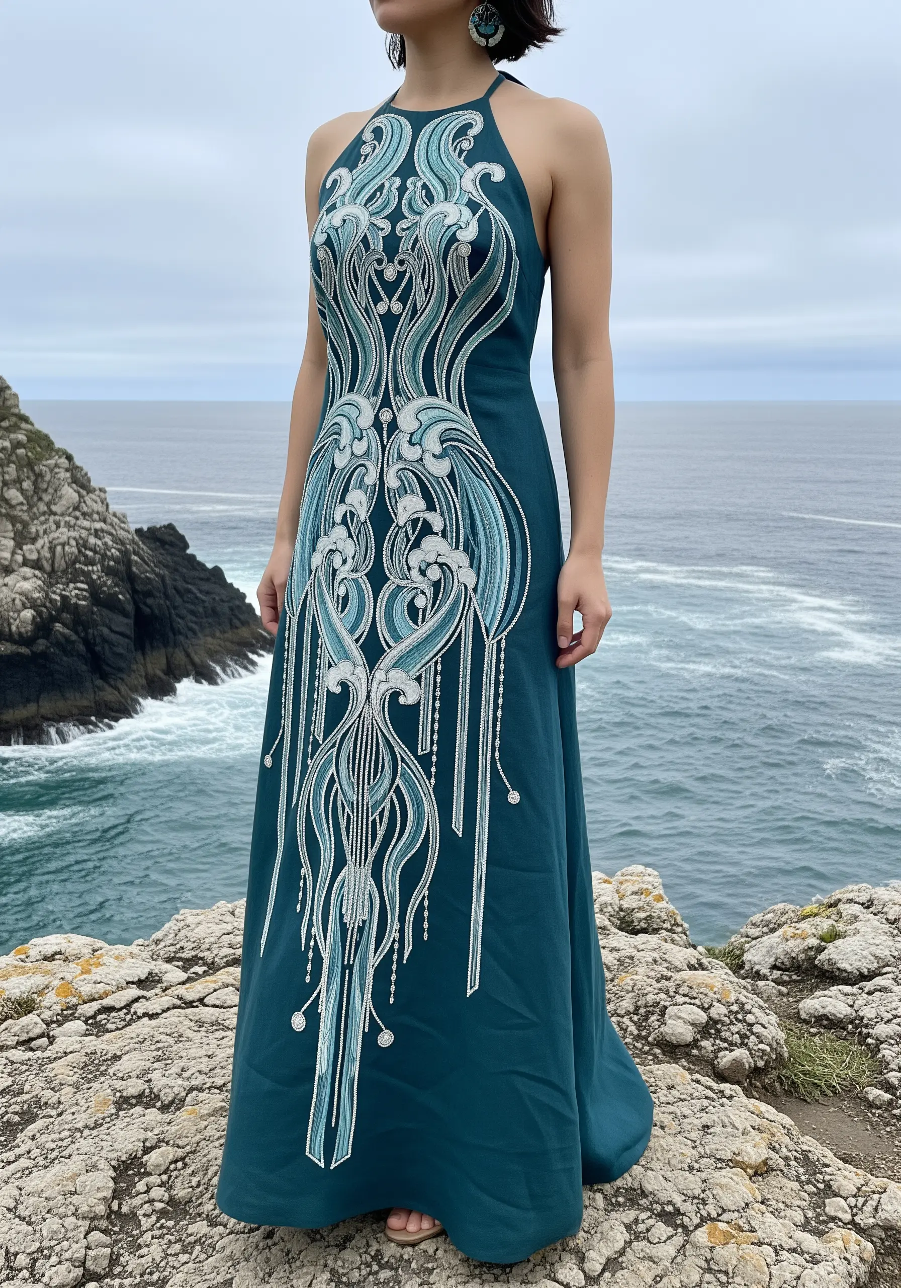 Elegant Art Nouveau-style embroidery in shades of green and silver on the bodice of a teal dress.