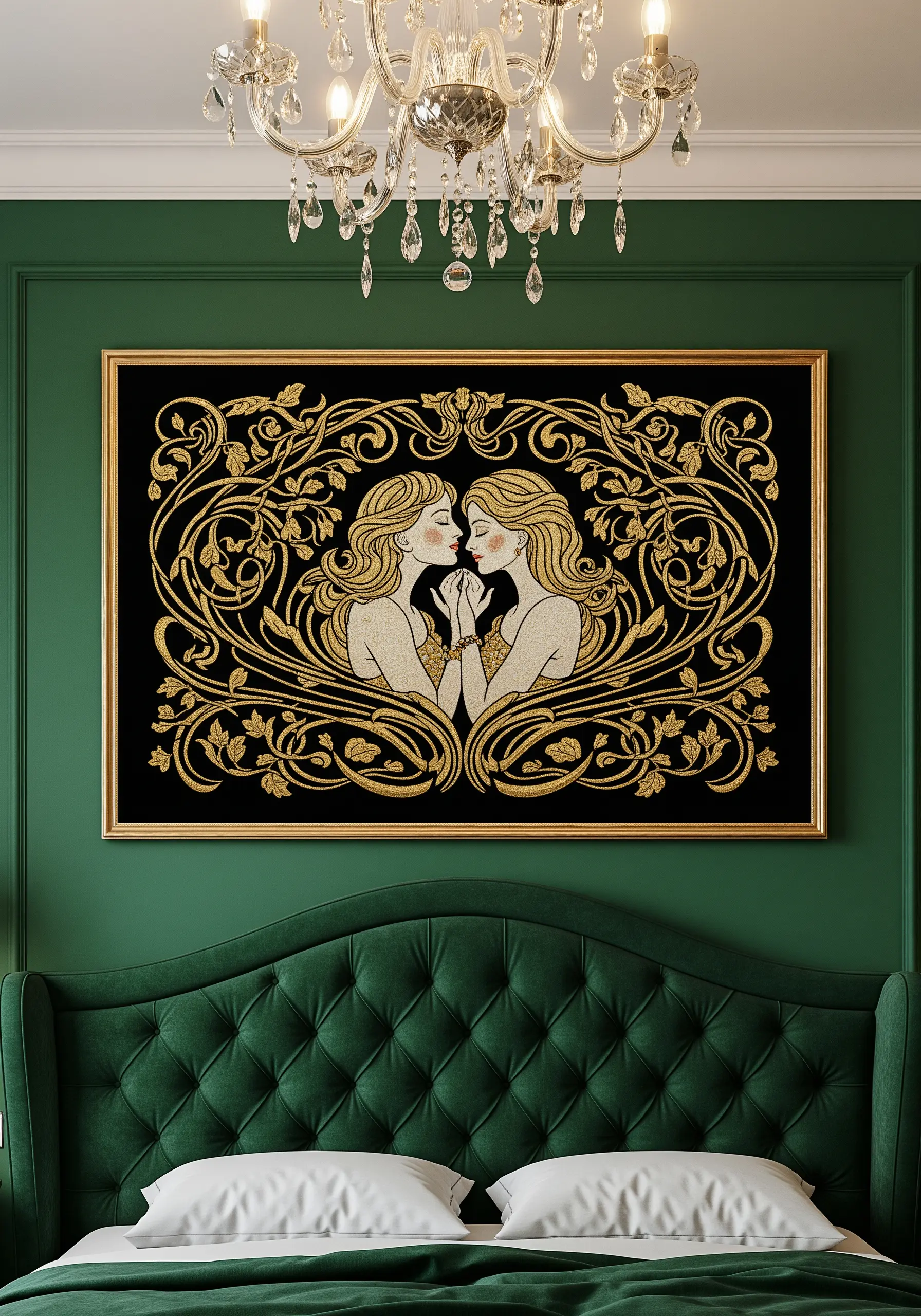 An Art Nouveau-style embroidery in gold thread on black fabric, showing an embracing couple.