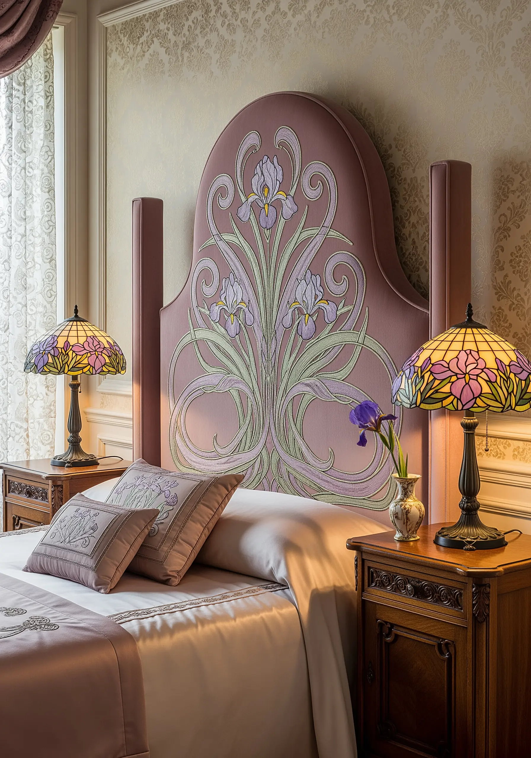 Art Nouveau style iris flowers embroidered in pastel purples and greens on a pink headboard.