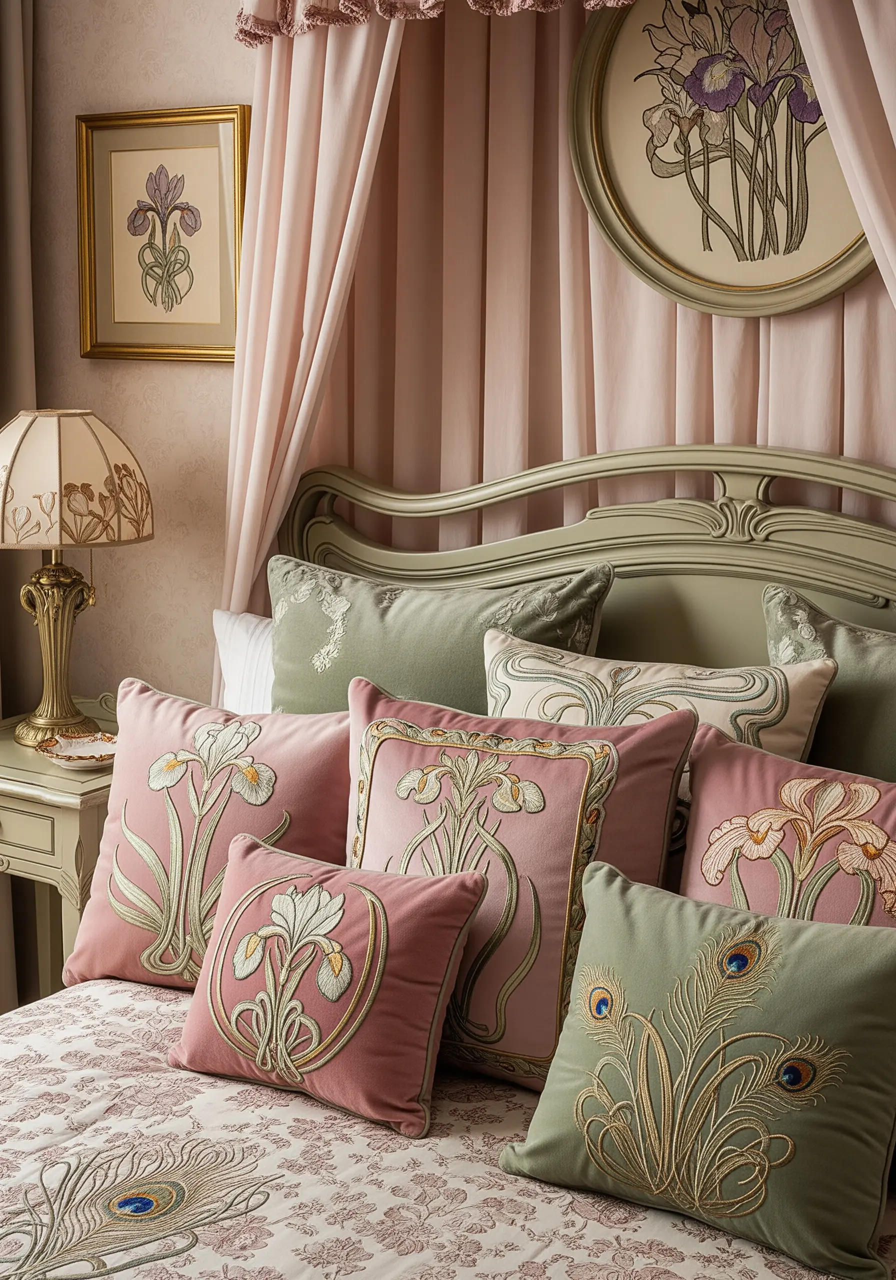A collection of velvet pillows in sage green and dusty pink, embroidered with Art Nouveau iris and peacock feather motifs.