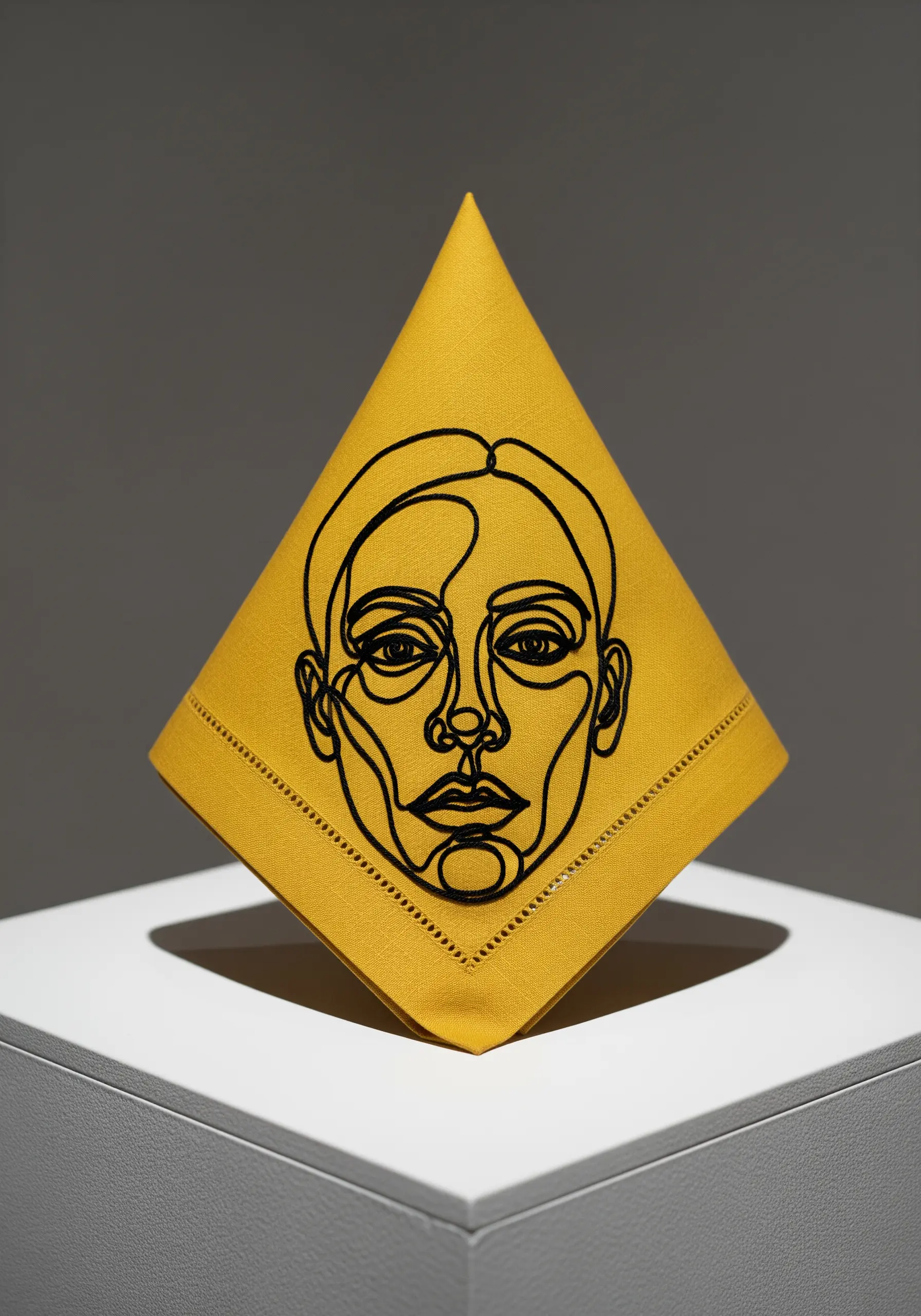 Bold abstract line art face embroidered in black thread on a yellow napkin.