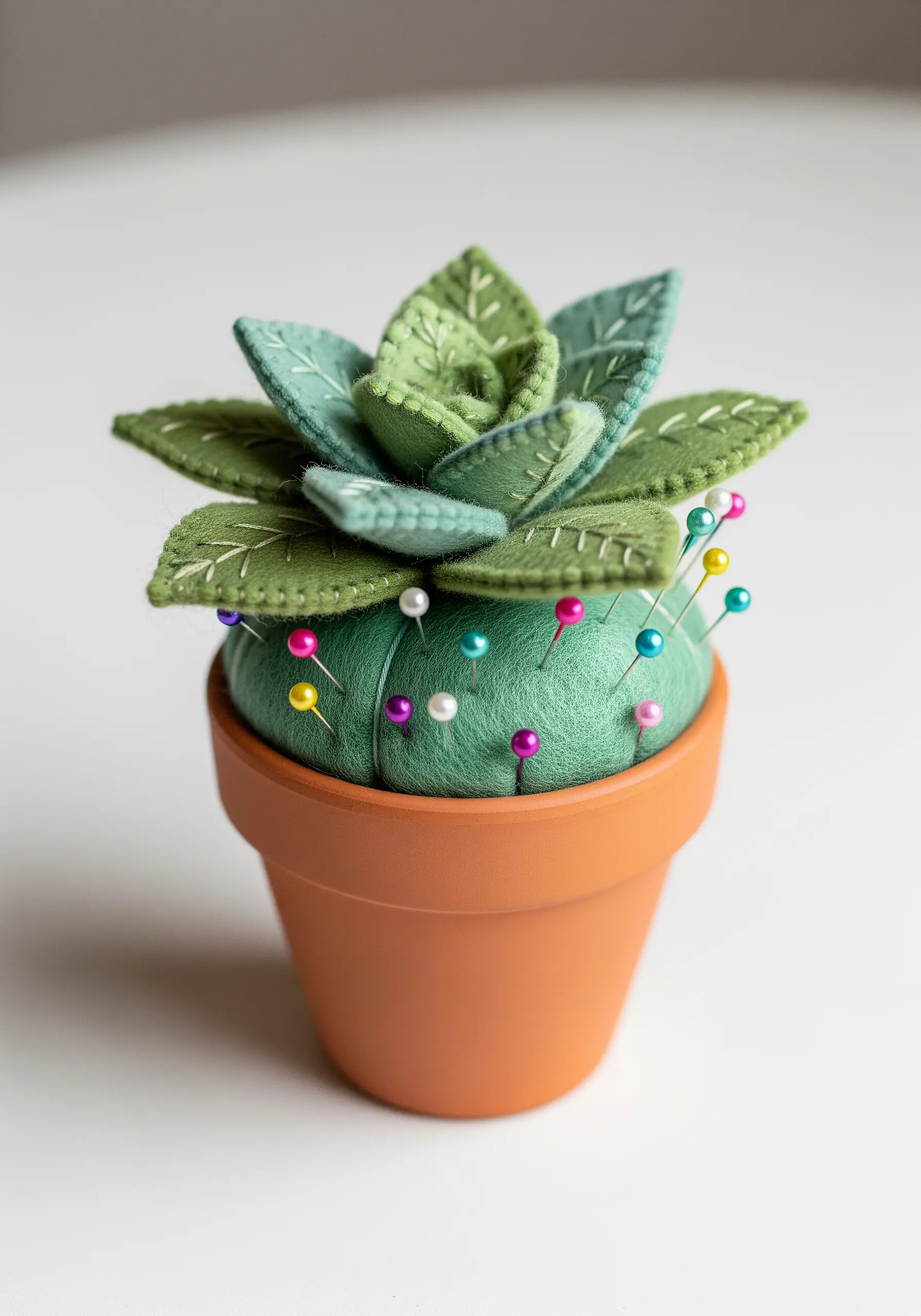 A 3D pincushion designed to look like a realistic succulent, made from layered green felt.