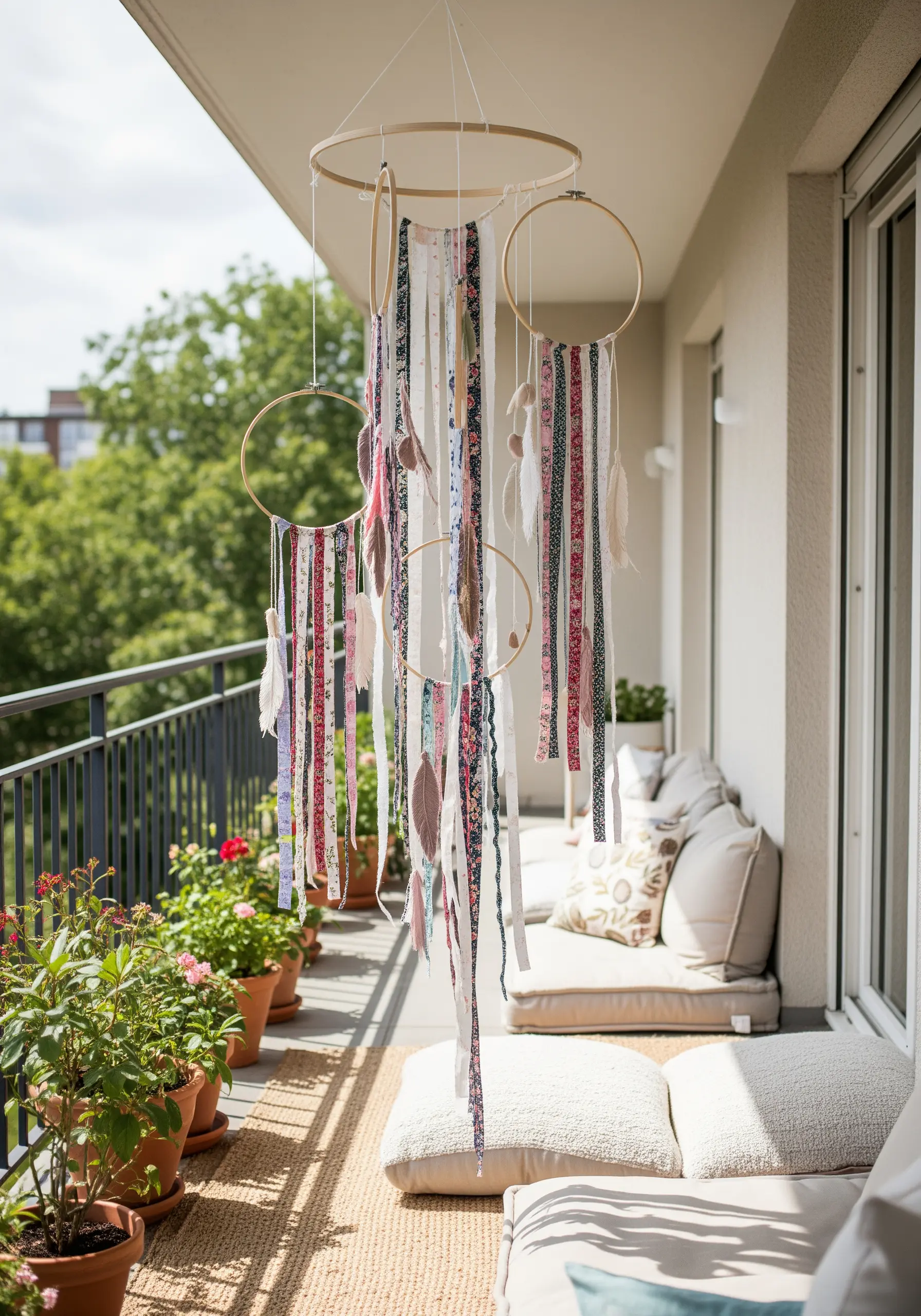 A mobile made from multiple embroidery hoops with colorful fabric strips and feathers hanging down.