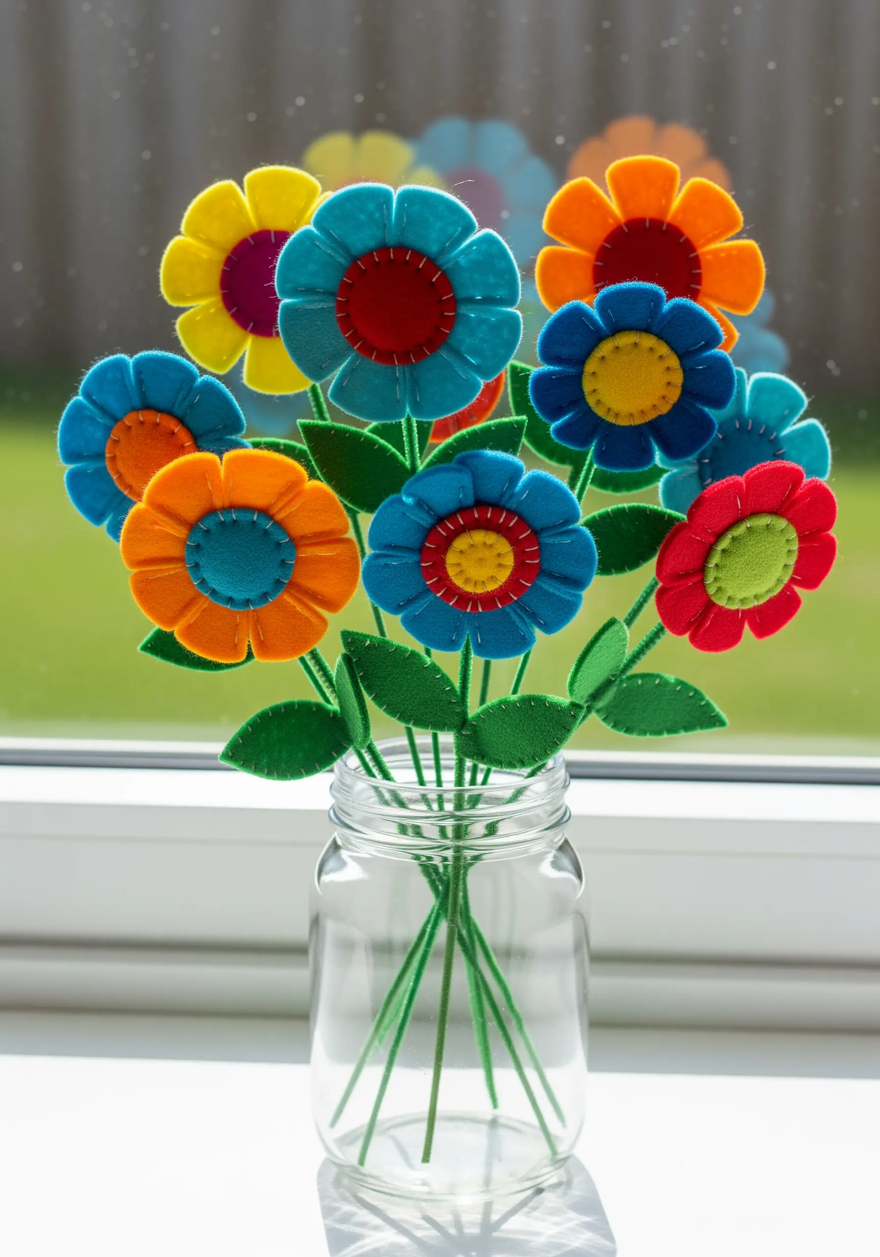A bouquet of colorful, handmade felt flowers with button centers in a glass jar.