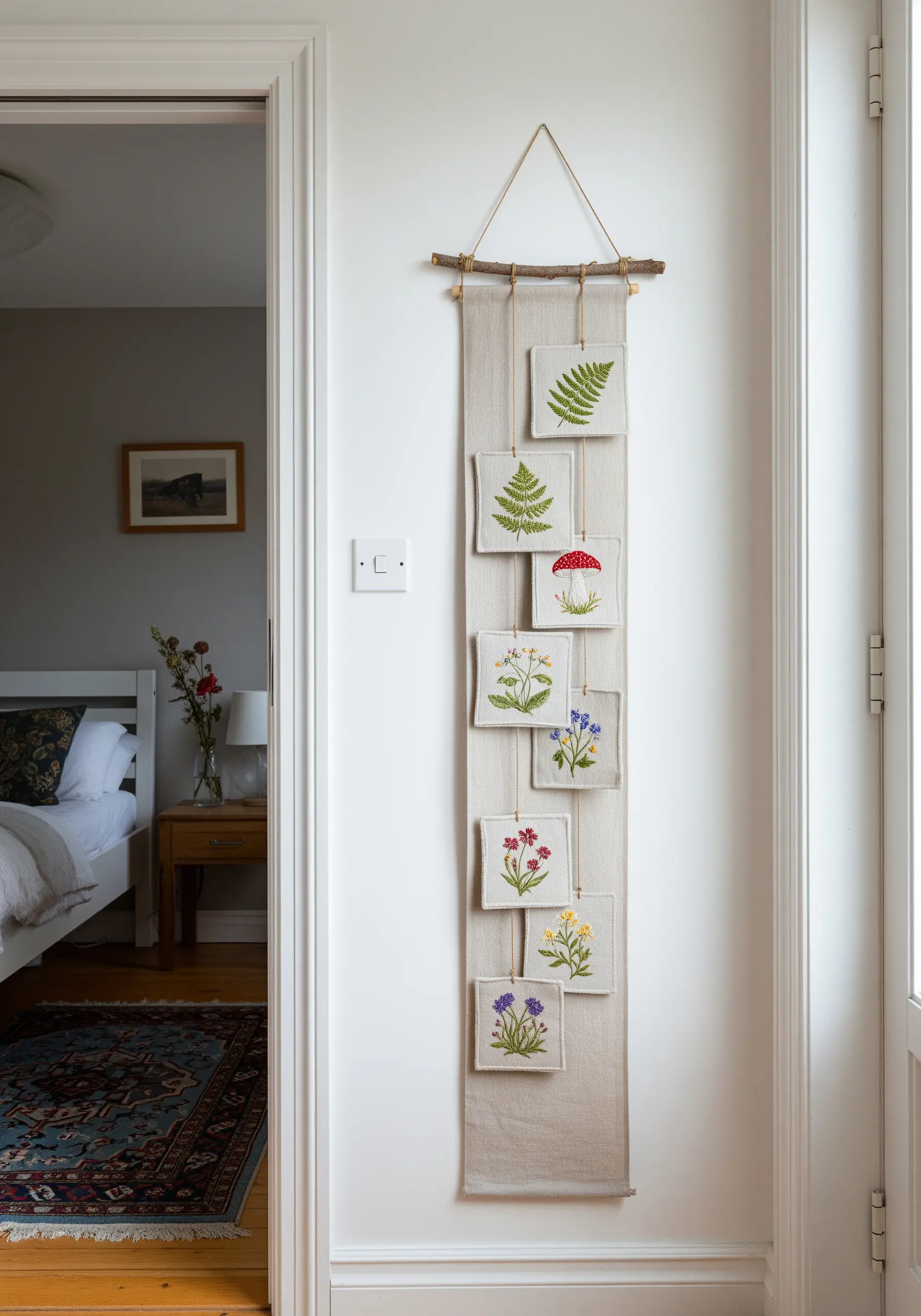 A long, vertical wall hanging made of linen, featuring multiple small embroidered botanical squares.