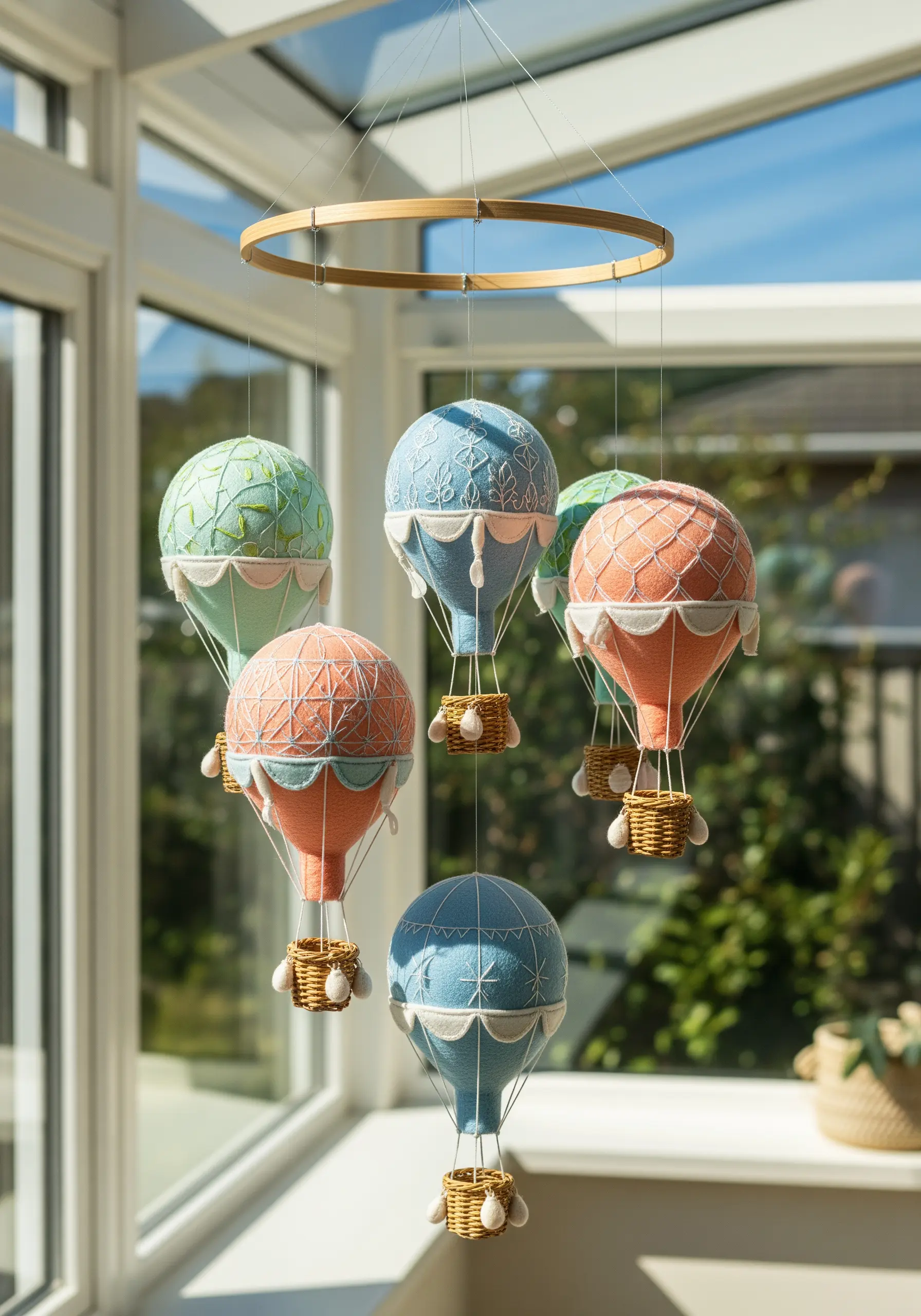 A nursery mobile with several fabric hot air balloons in pastel colors hanging from a wooden hoop.