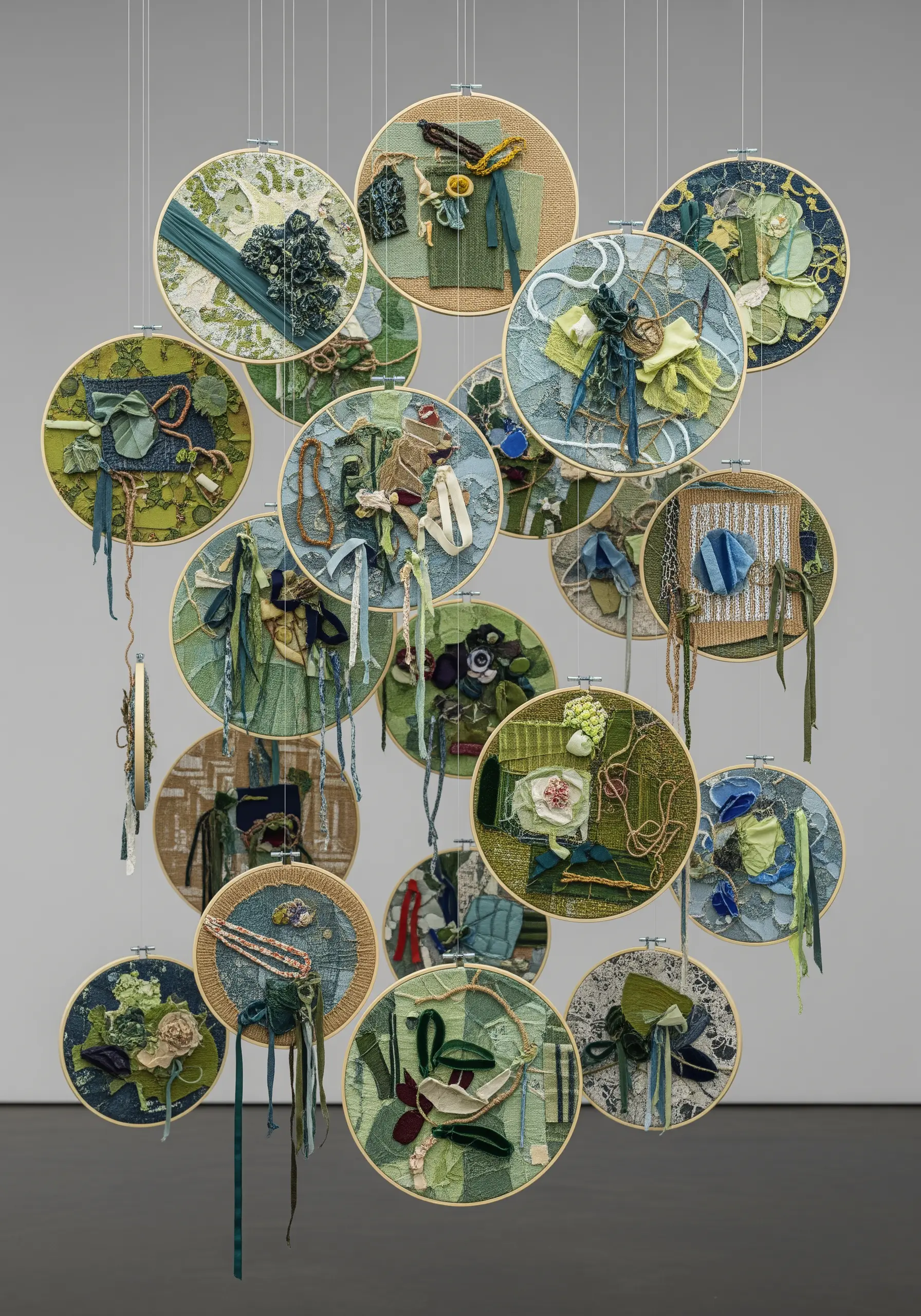 A mobile-like installation of multiple embroidery hoops filled with abstract green and blue textile art