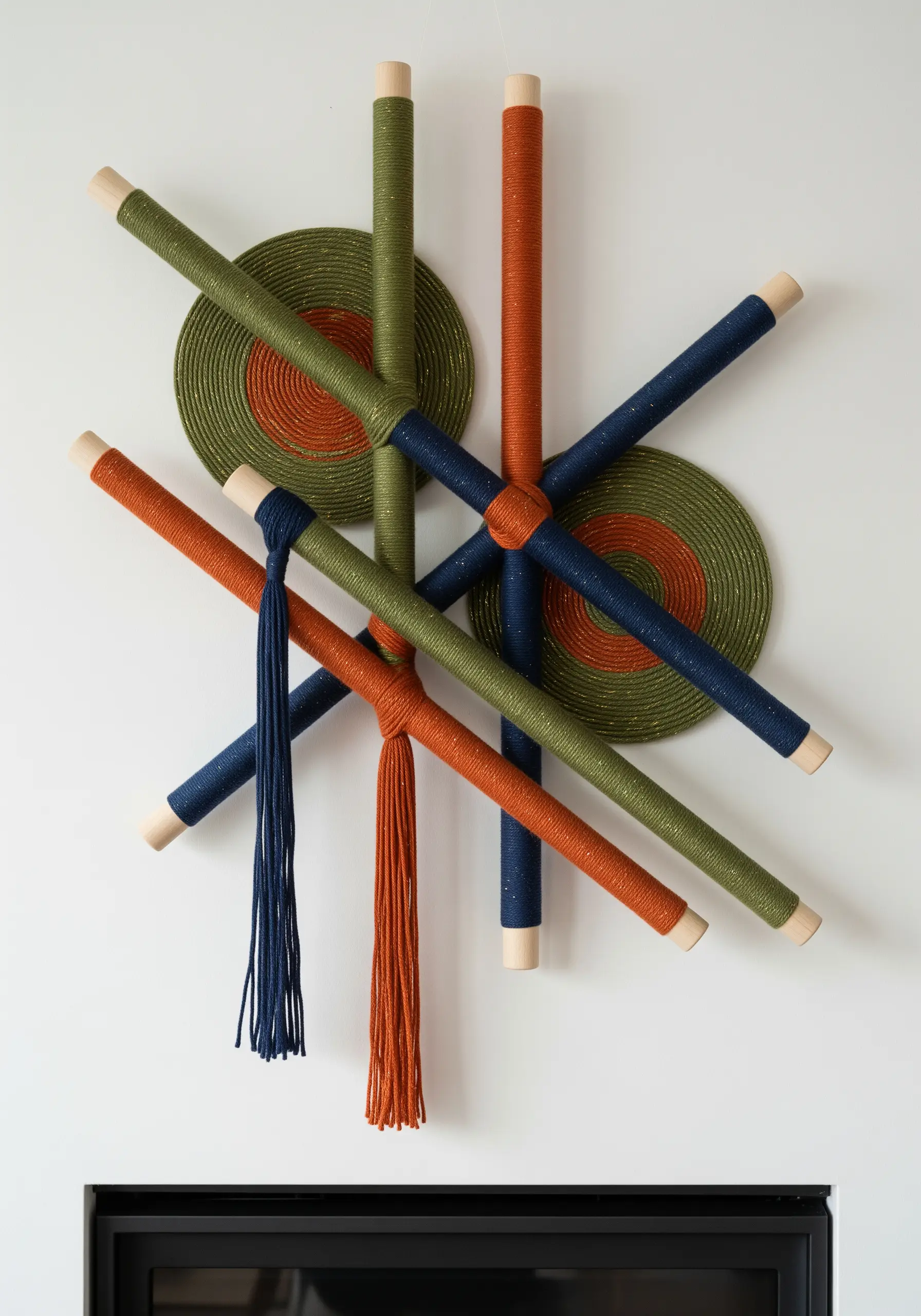 A mid-century modern wall sculpture made of intersecting, yarn-wrapped wooden dowels.
