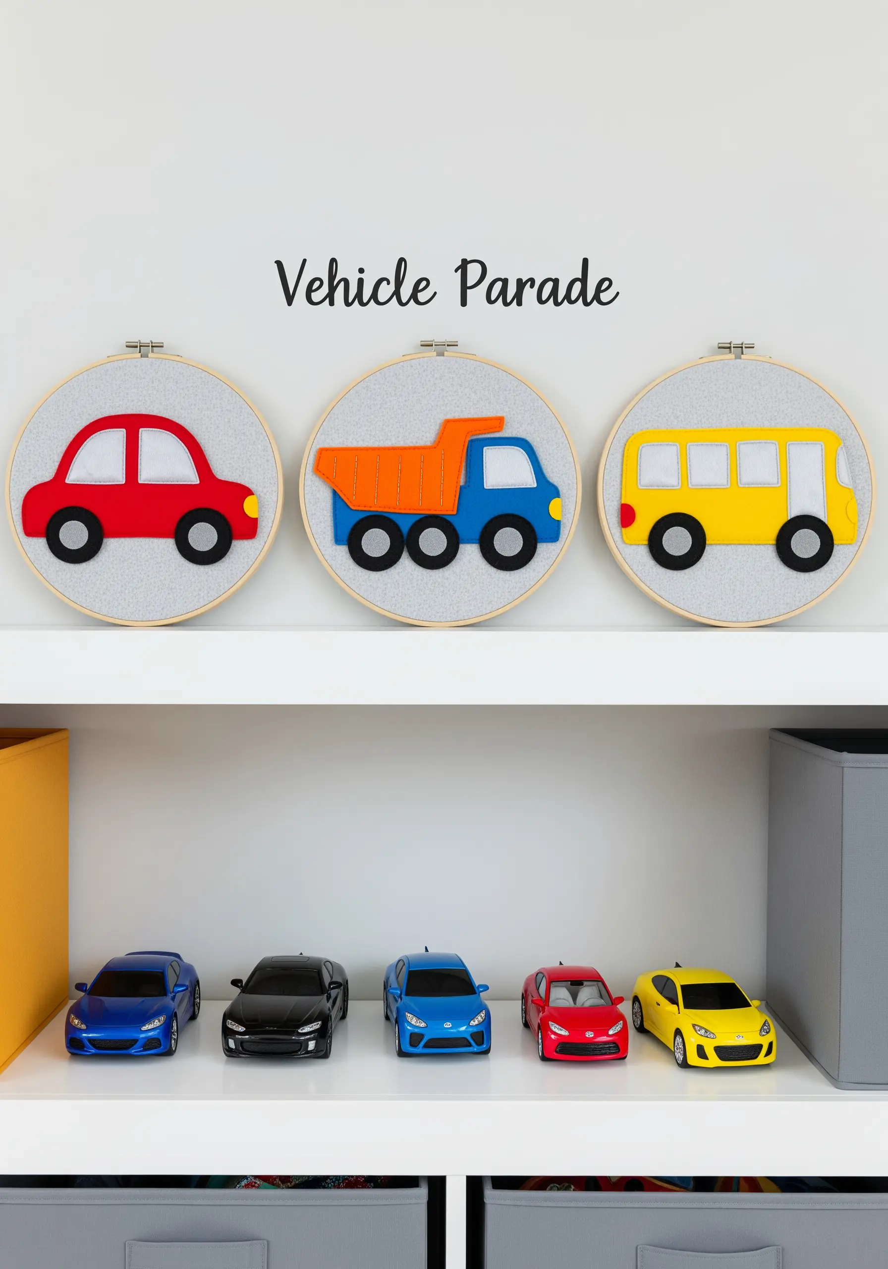 Three hoops lined up on a shelf, each with a felt appliqué vehicle: a car, a truck, and a bus.
