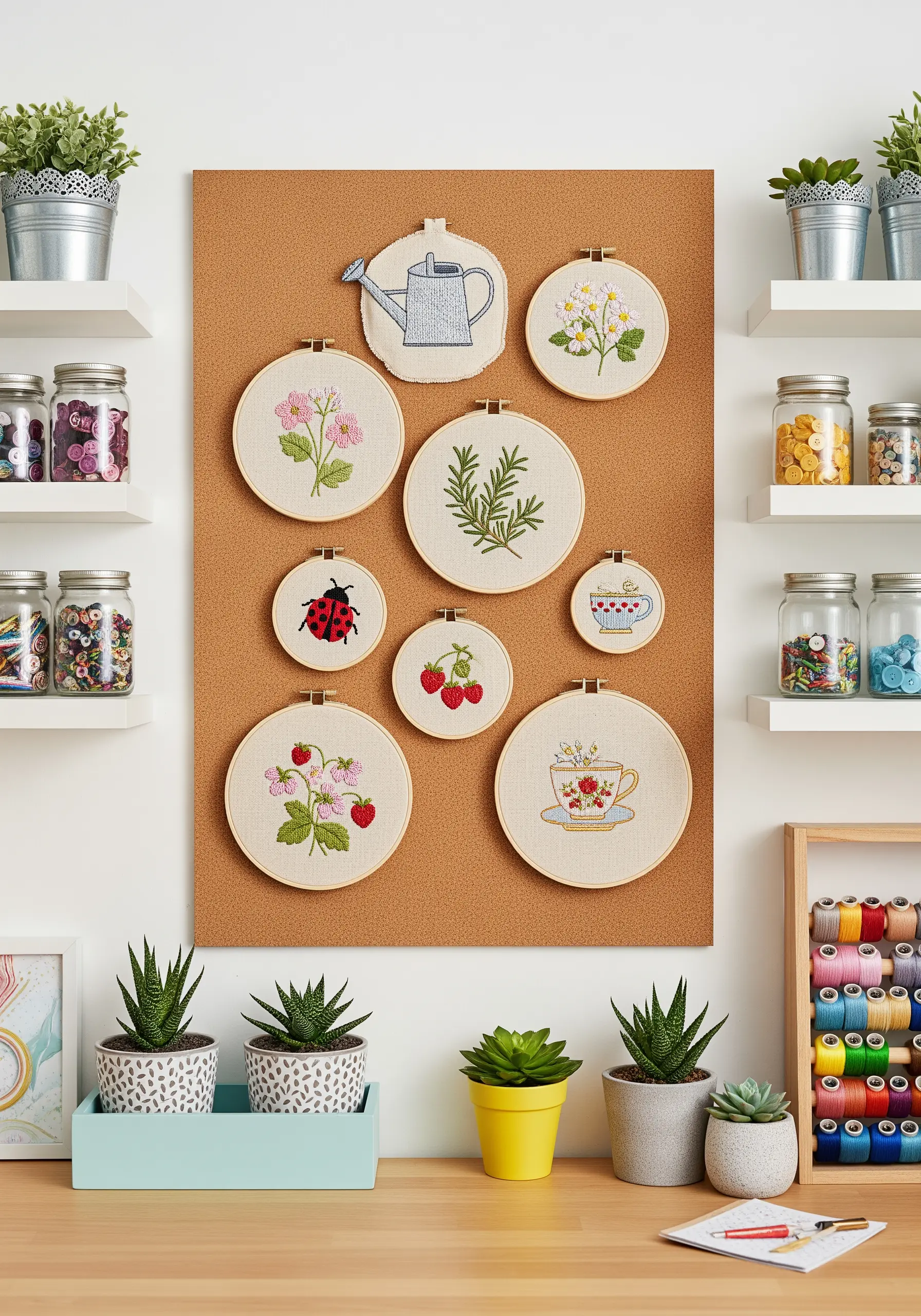 A collection of small embroidery hoops with garden motifs arranged on a corkboard.