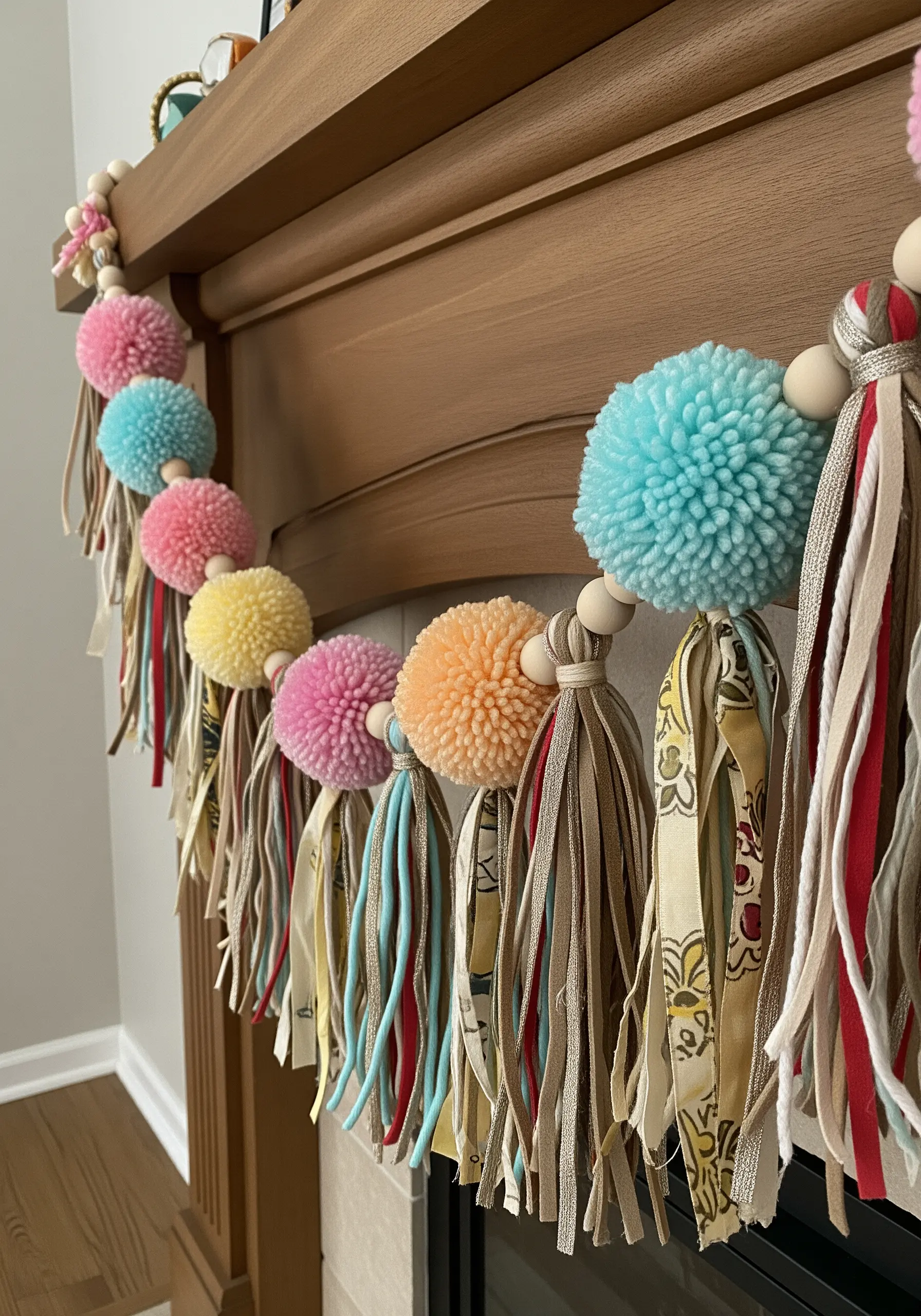 A colorful garland with fluffy pom-poms, fabric tassels, and wooden beads over a mantel.