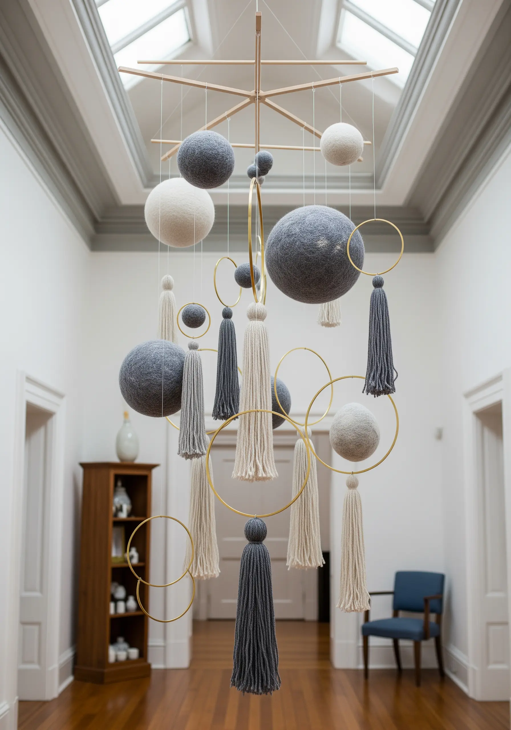 A large, modern mobile with gray and white felted wool balls, tassels, and brass rings.