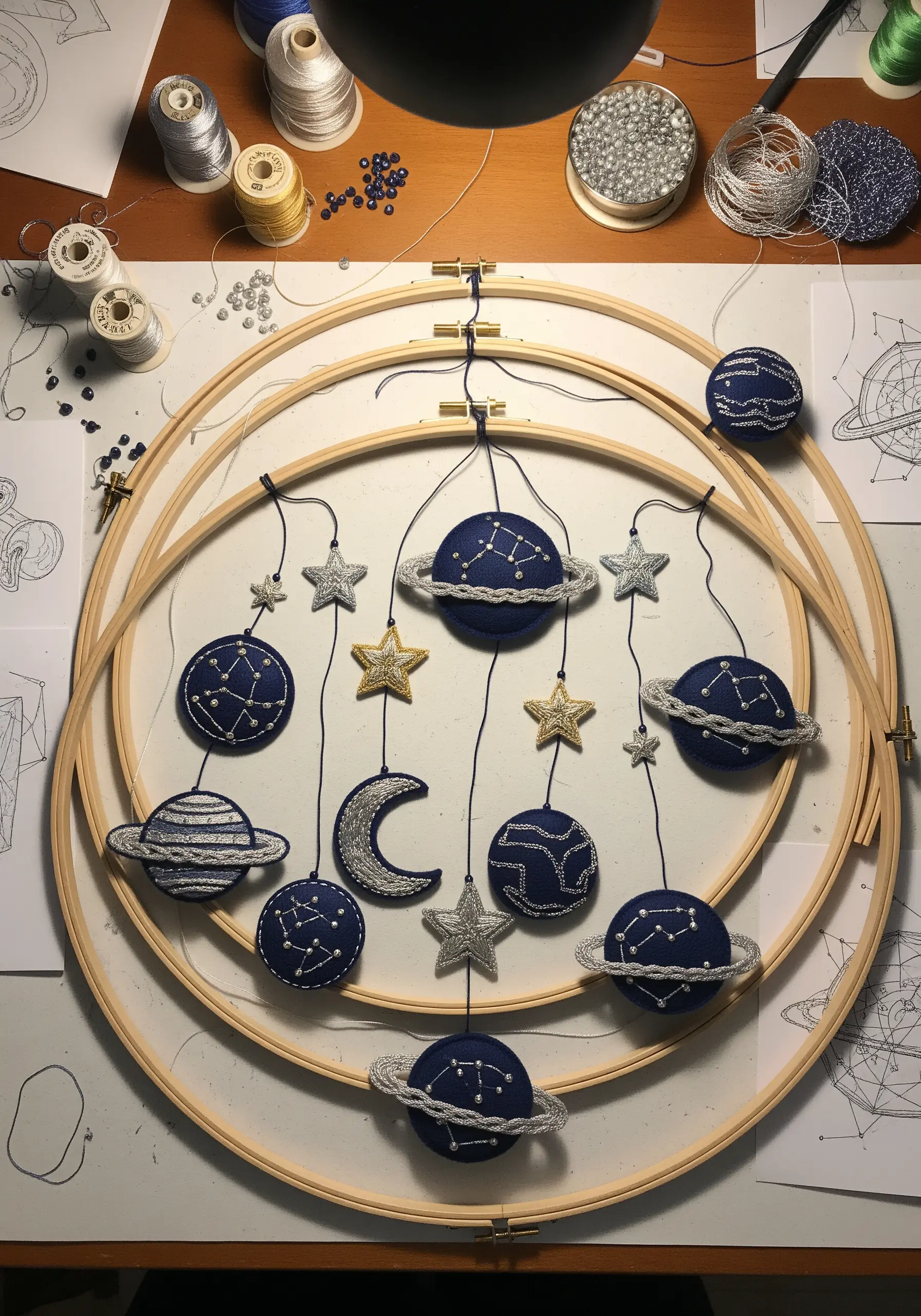 A handmade celestial mobile with embroidered planets, stars, and moons.