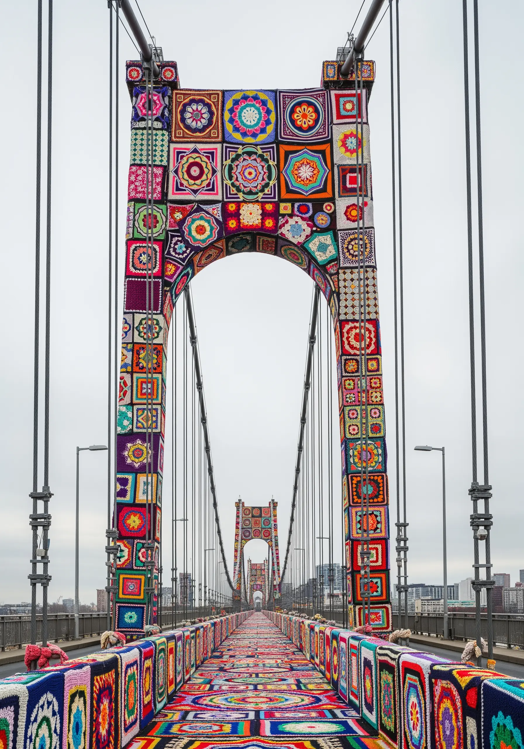 A massive bridge and walkway entirely covered in colorful crocheted granny squares.