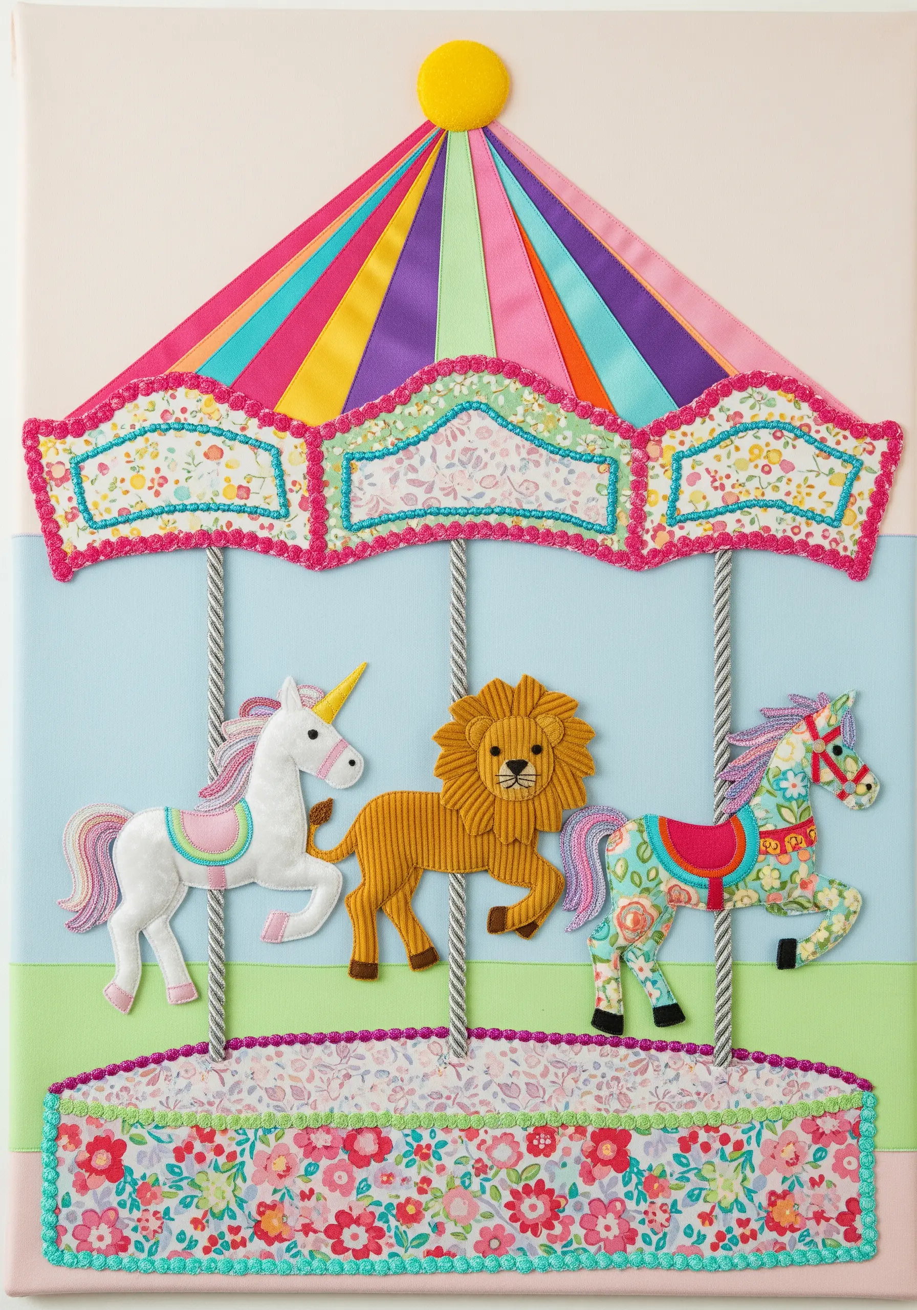 A fabric collage of a carousel with animals made from different textured fabrics