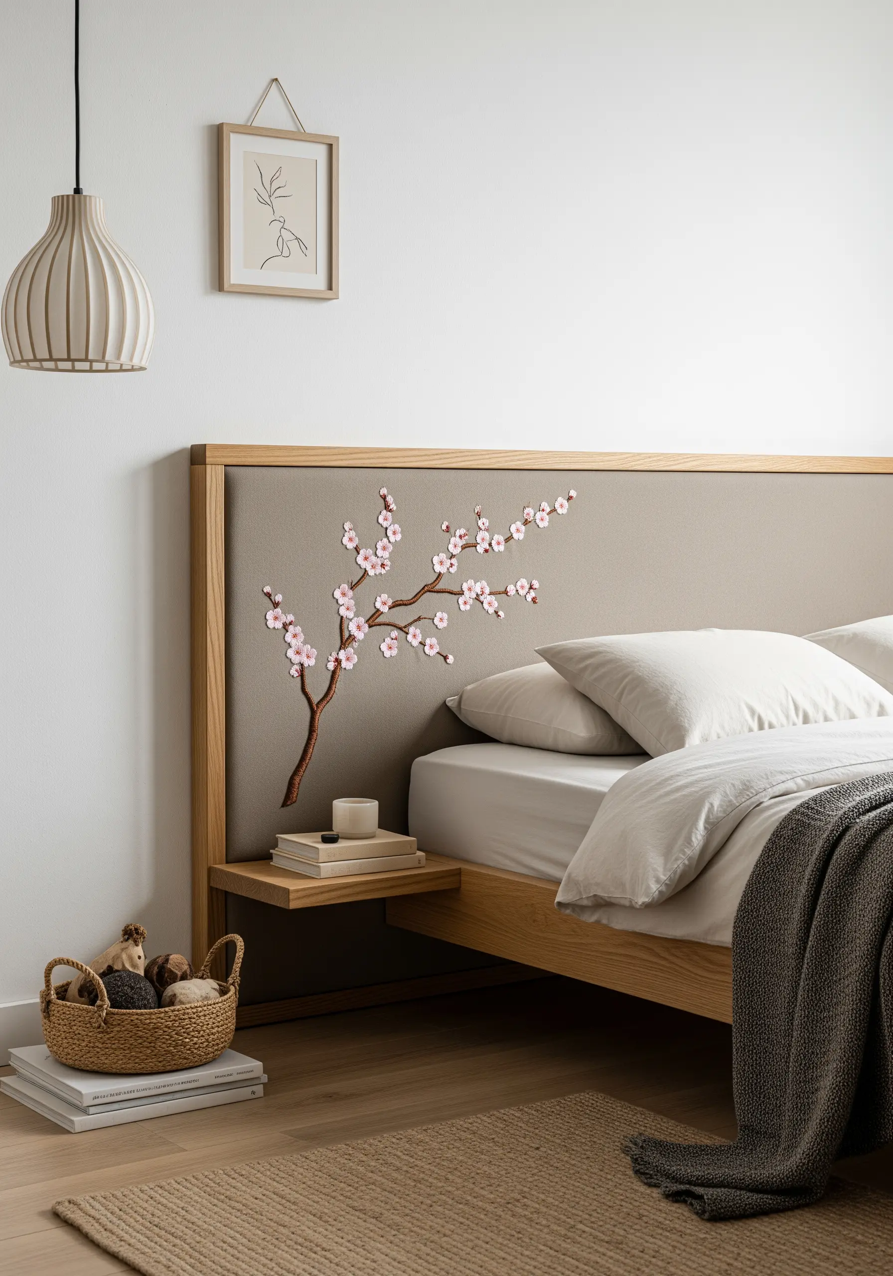 A single embroidered cherry blossom branch with pink and white flowers on a grey headboard.