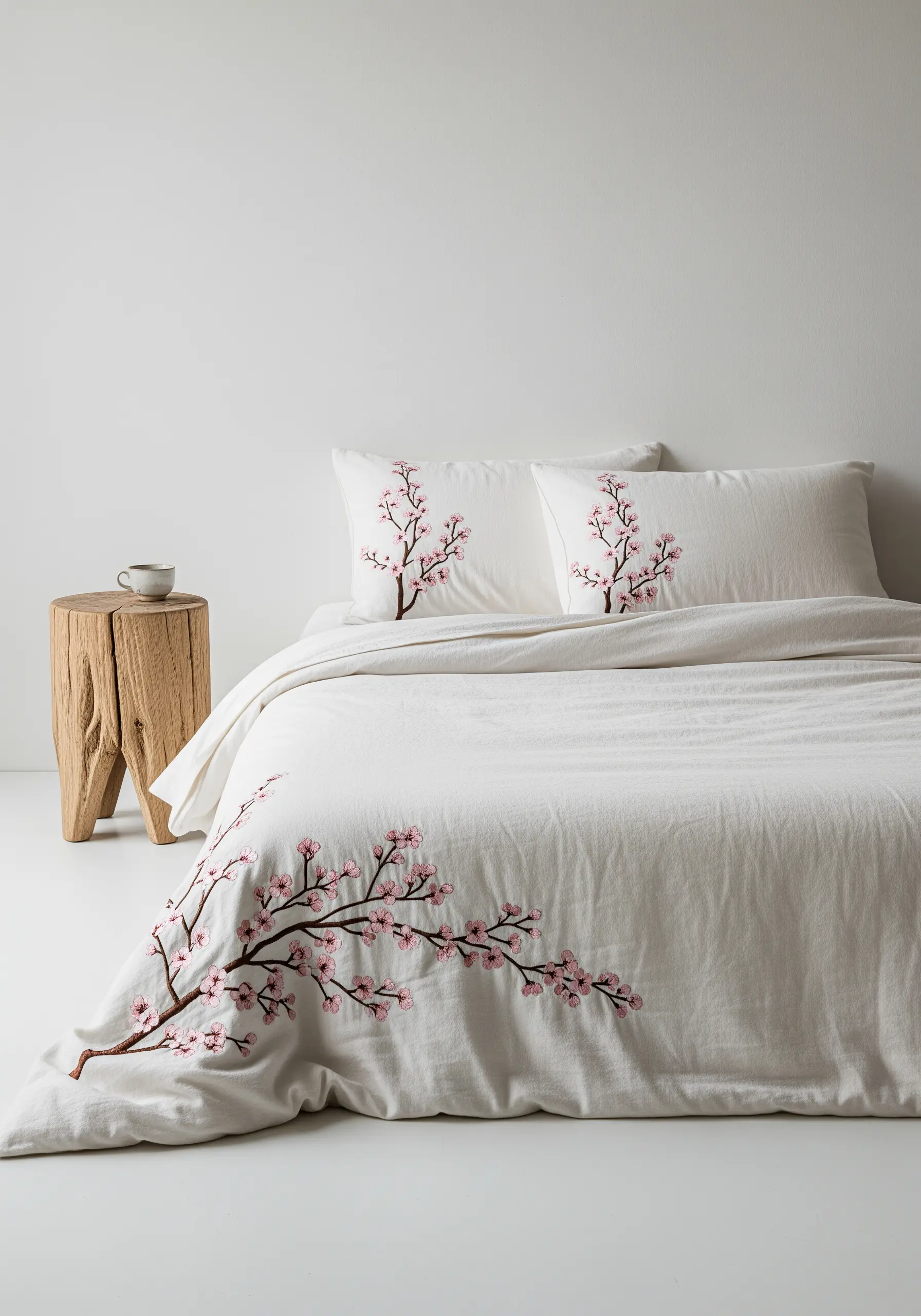 Embroidered pink cherry blossom branches on a white duvet cover and pillows.
