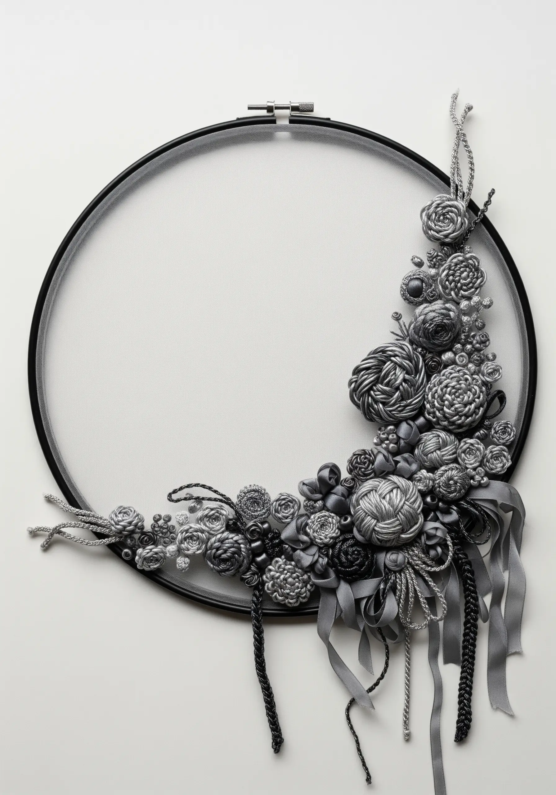 Monochrome gray floral embroidery with ribbon roses arranged asymmetrically on a sheer fabric.