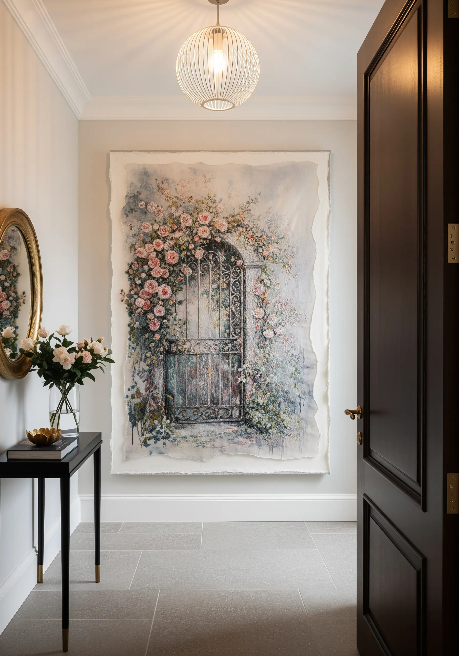 A large embroidered tapestry of a romantic garden gate with roses, on watercolor-painted fabric.