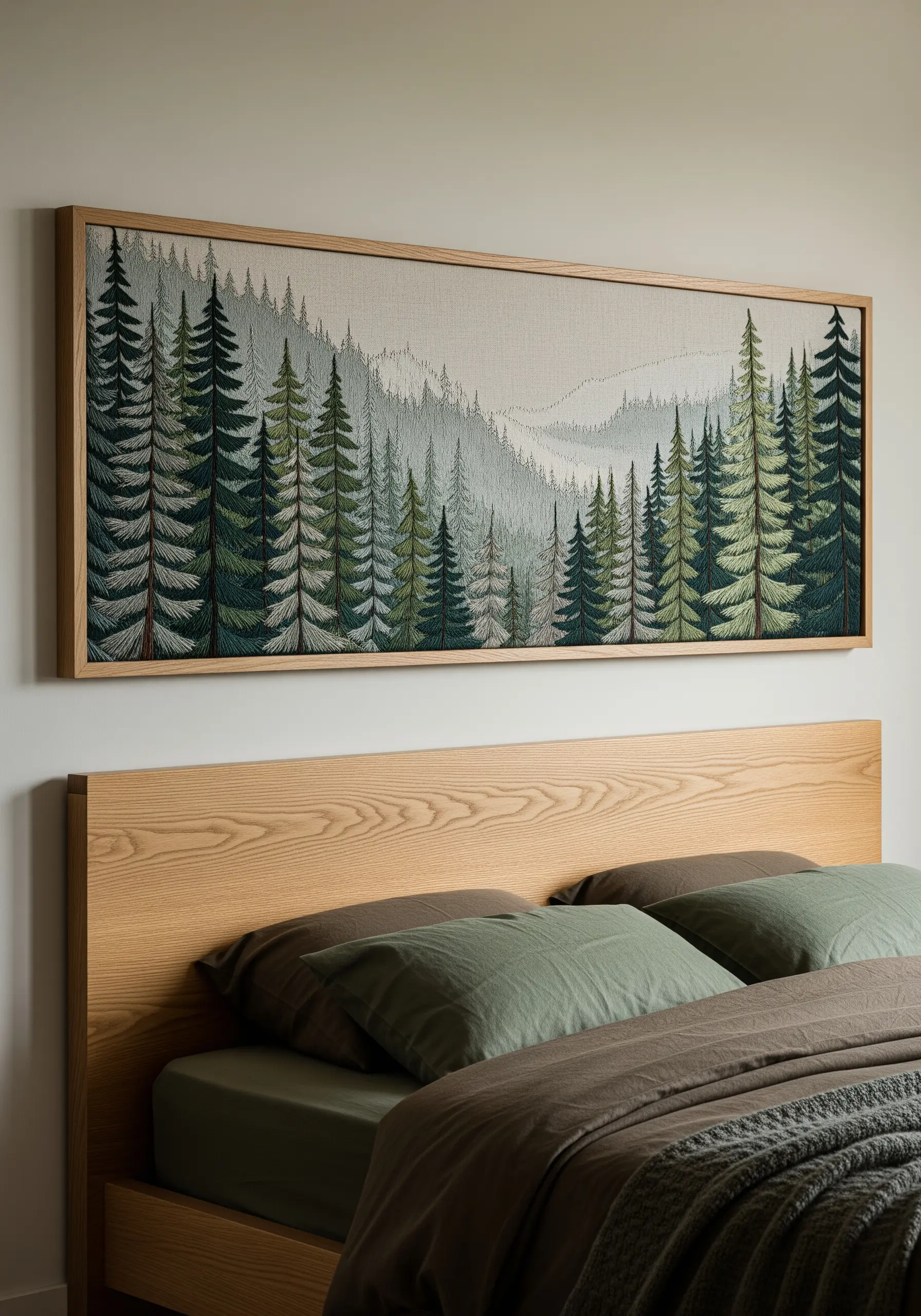 A long rectangular embroidery of a pine forest, creating depth with color and stitch density.