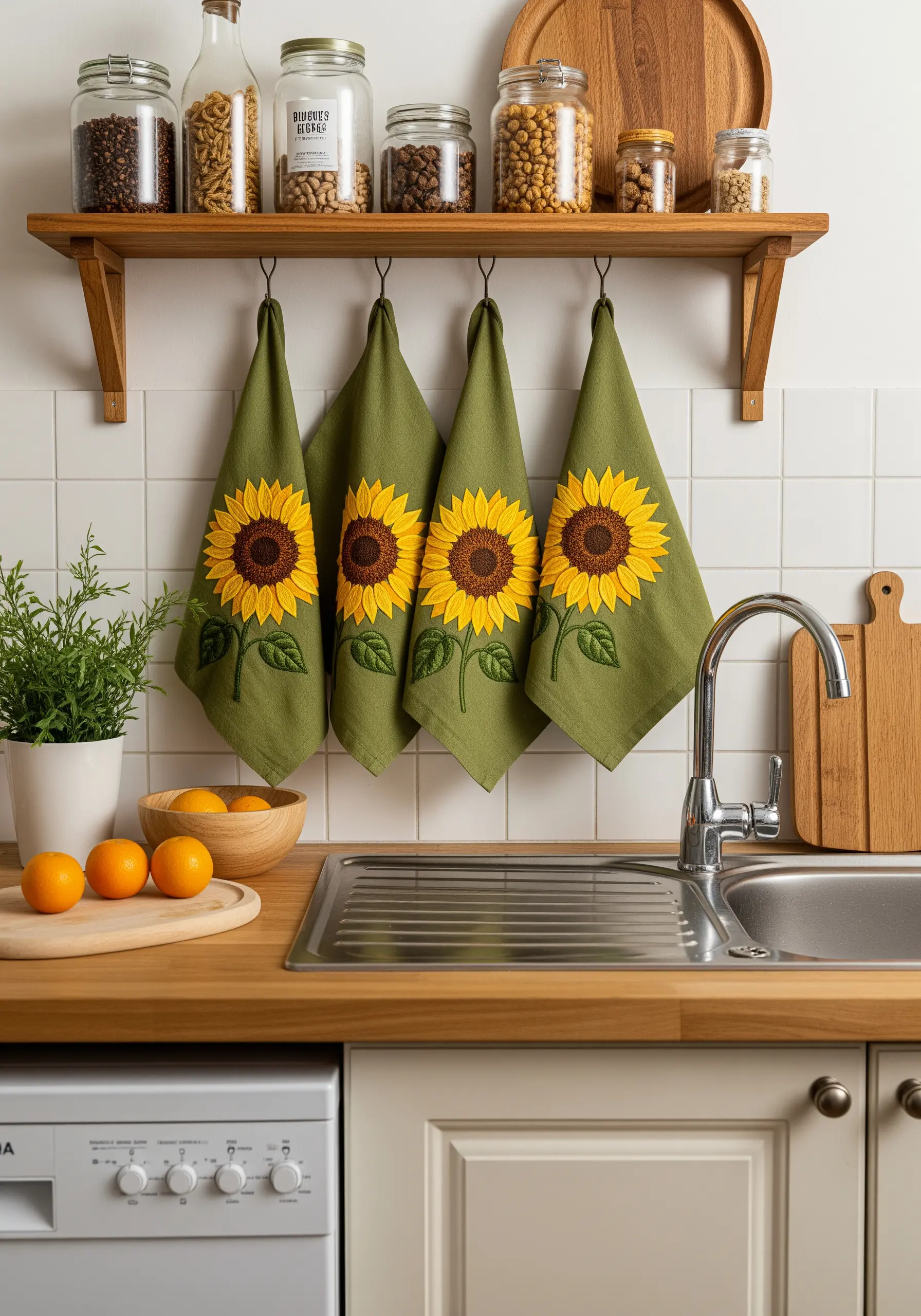 Four olive green kitchen towels, each embroidered with a large, vibrant sunflower.