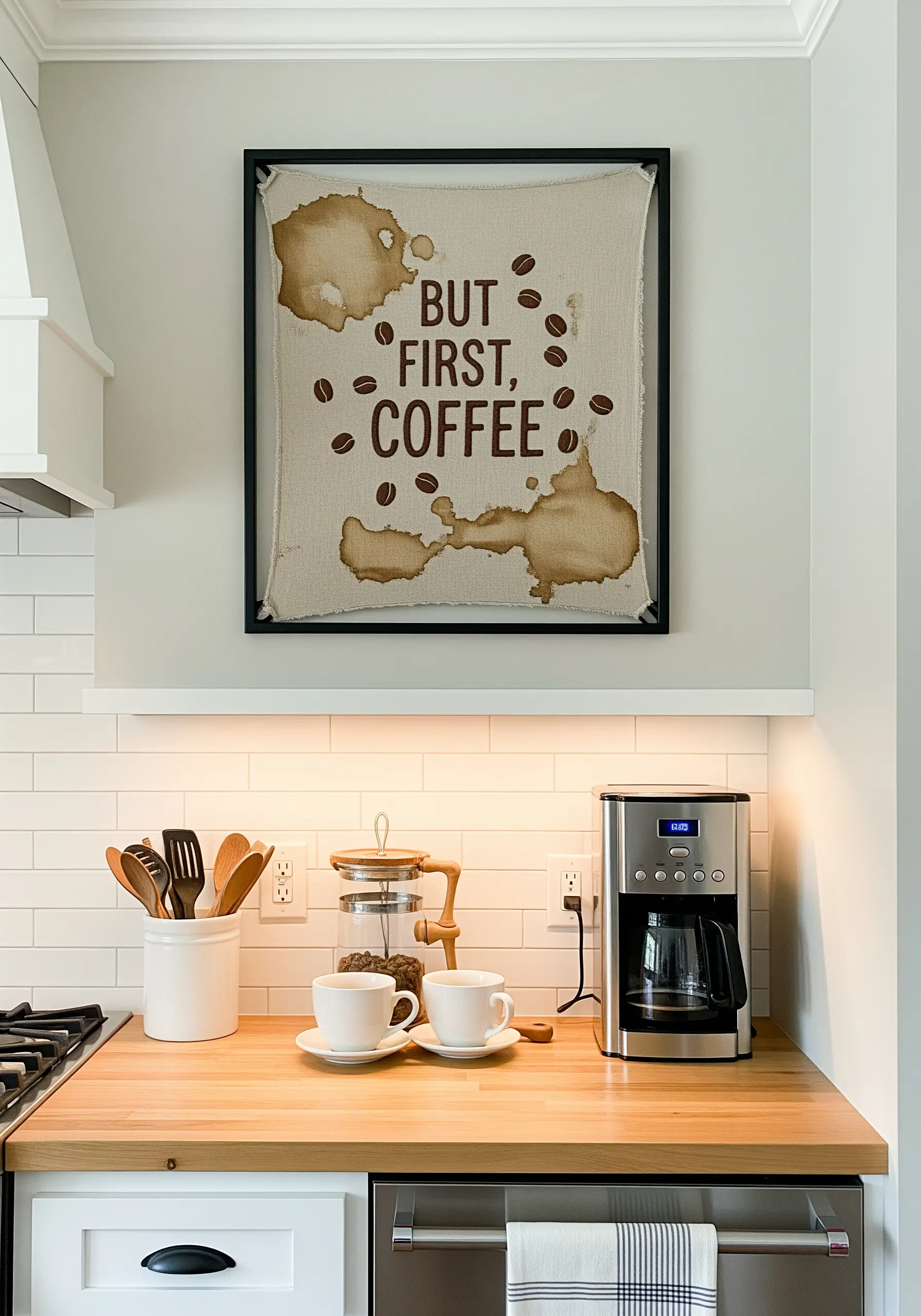 Framed kitchen art with the words 'But First, Coffee' on coffee-stained burlap.