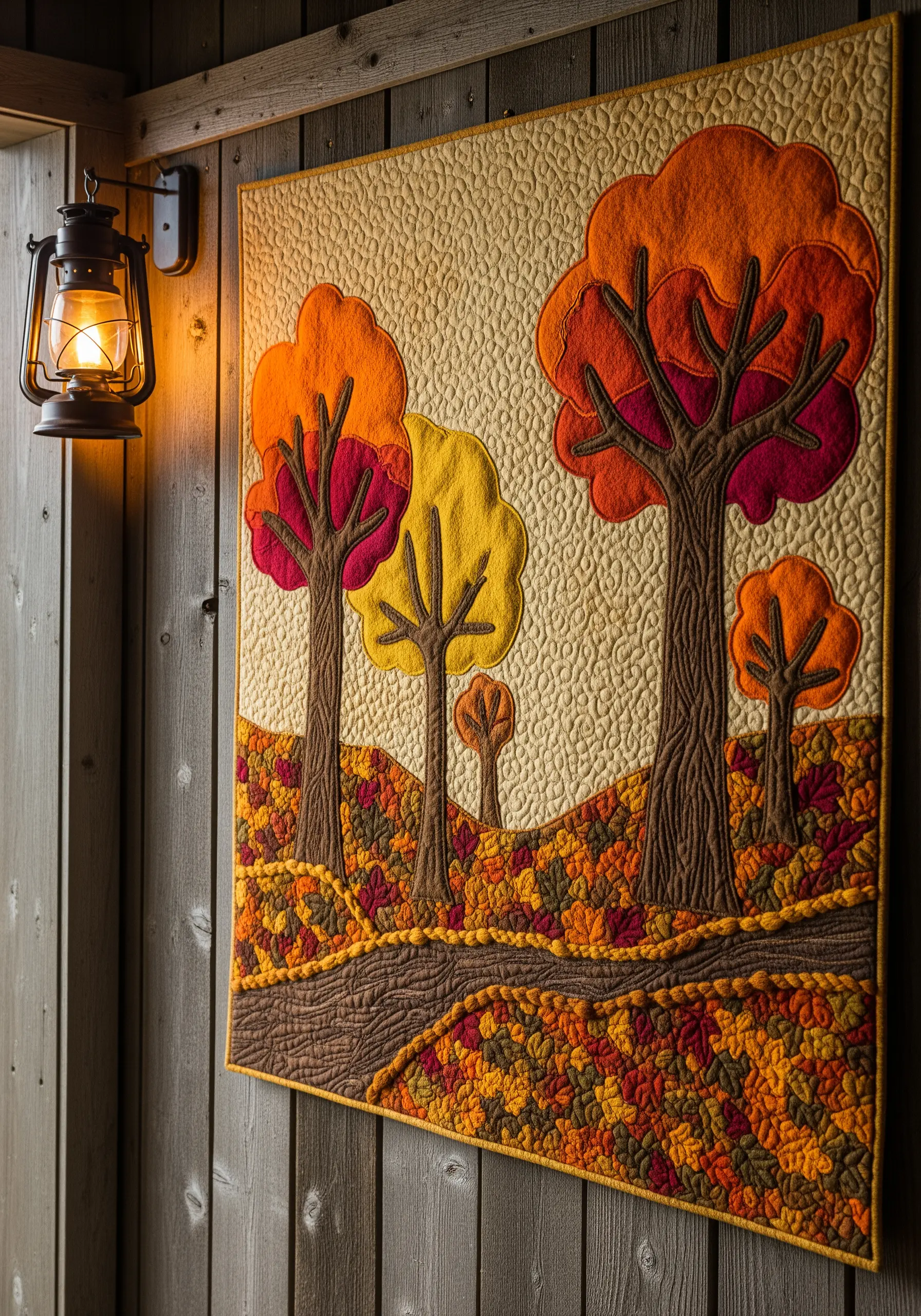 Quilted wall hanging with appliqué autumn trees and embroidered textures.