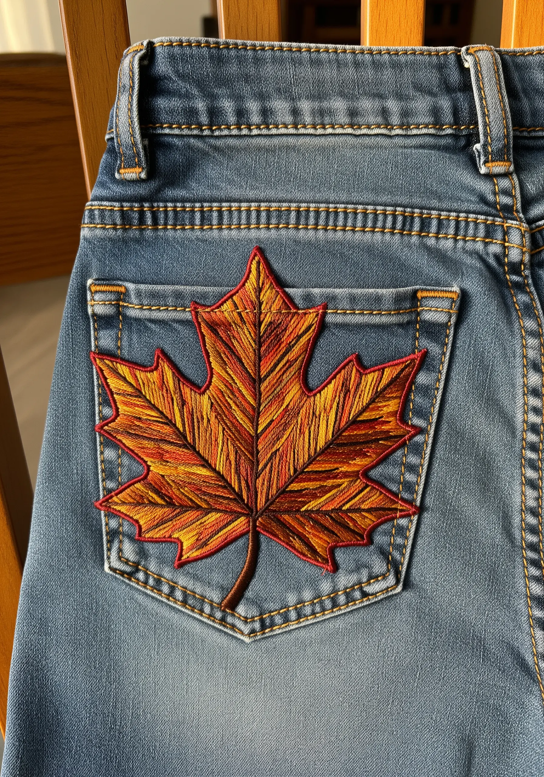 Embroidered autumn maple leaf on a denim pocket with blended colors.