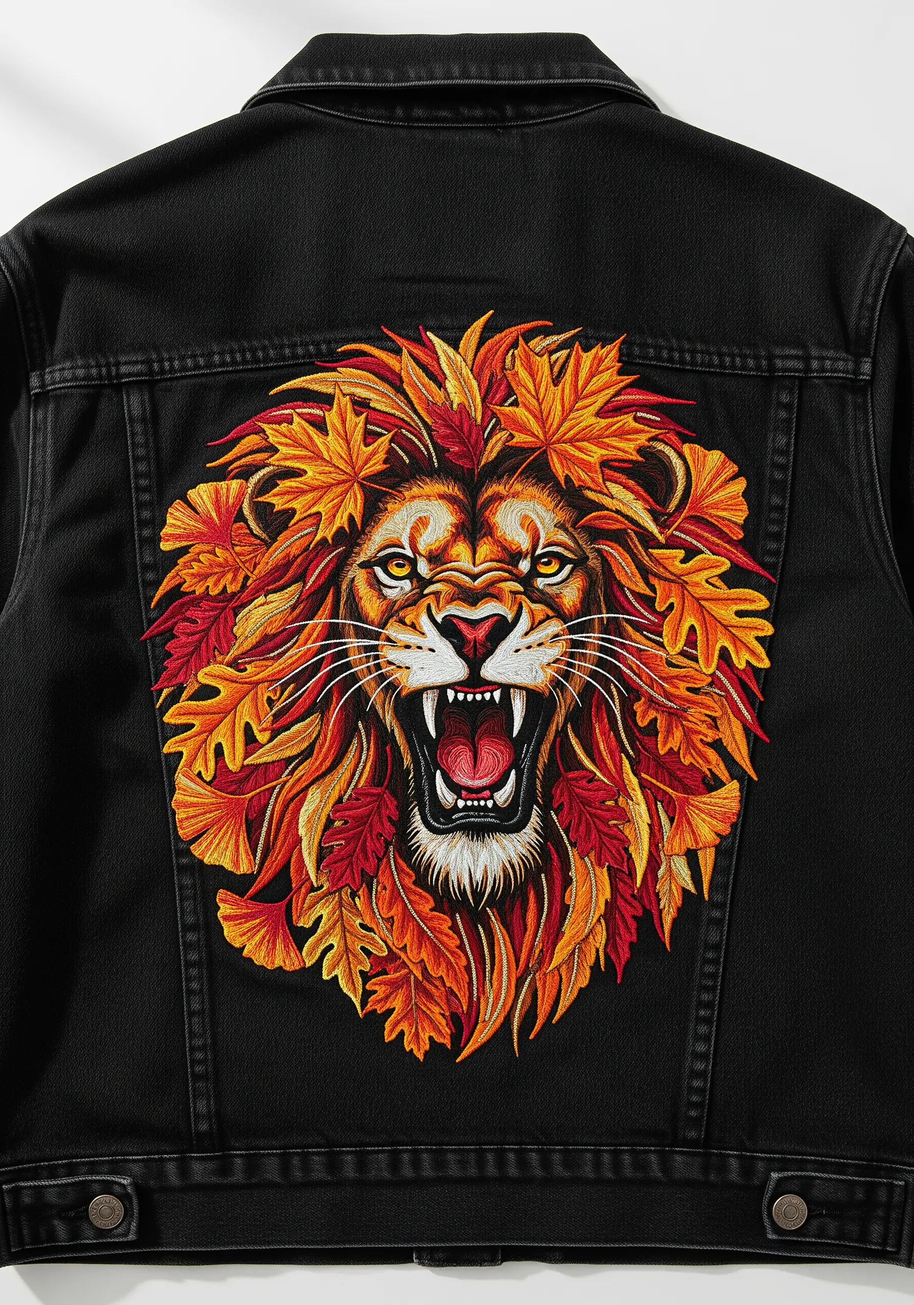 Embroidered lion with an autumn leaf mane on the back of a black denim jacket.