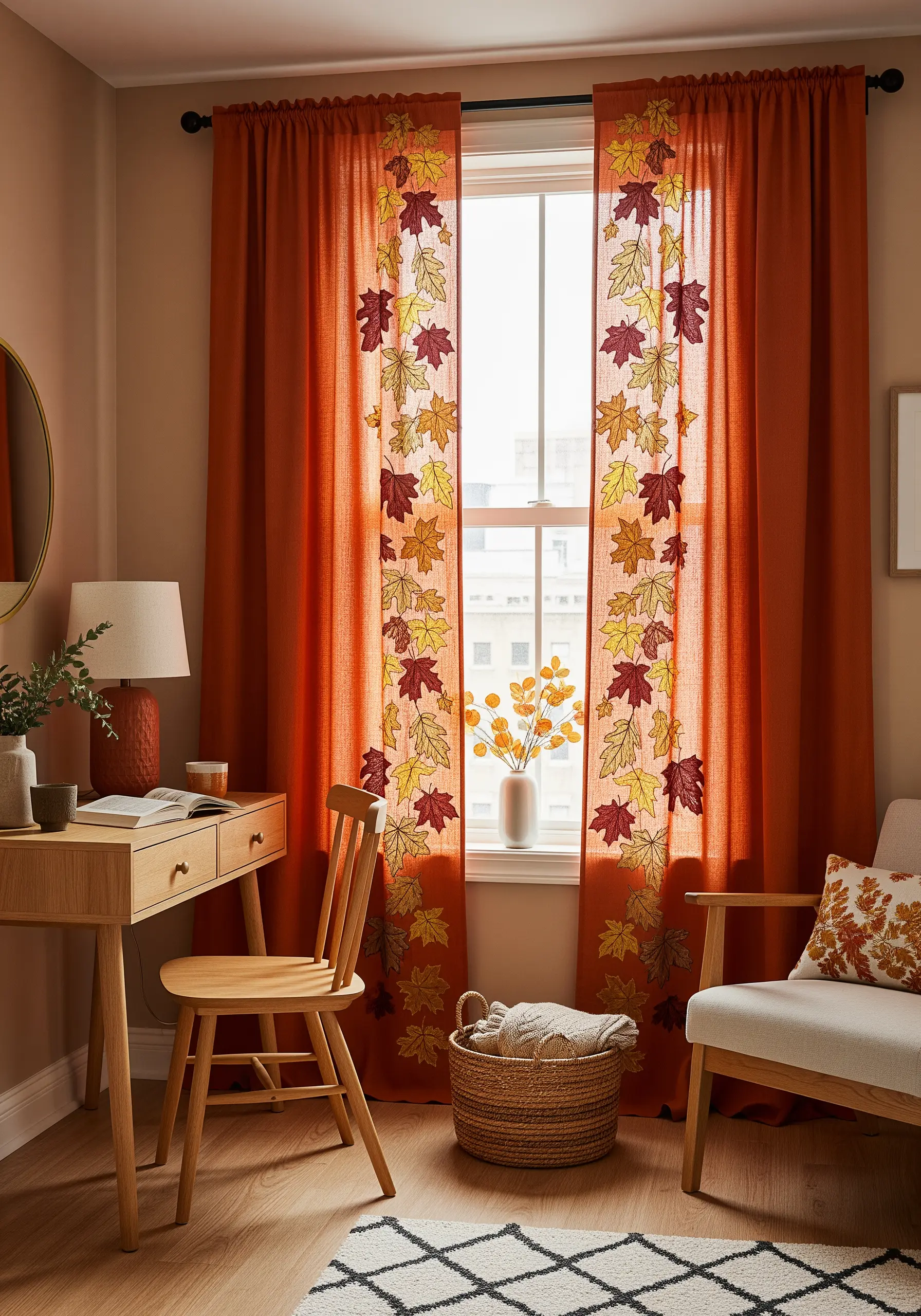 A cascade of autumn leaves embroidered in red, orange, and yellow on a burnt orange curtain.