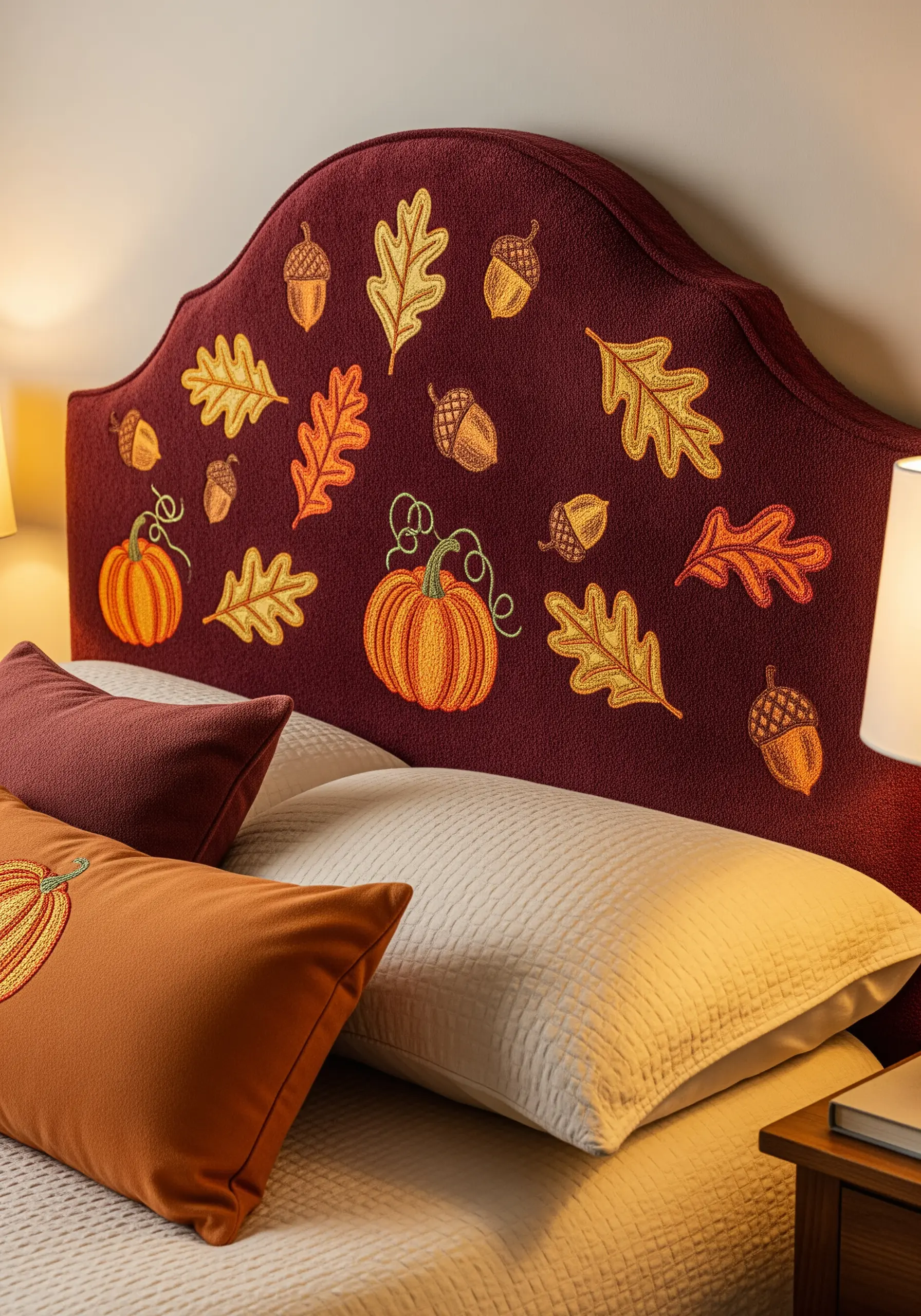 A burgundy headboard decorated with embroidered and appliquéd autumn leaves, acorns, and pumpkins.