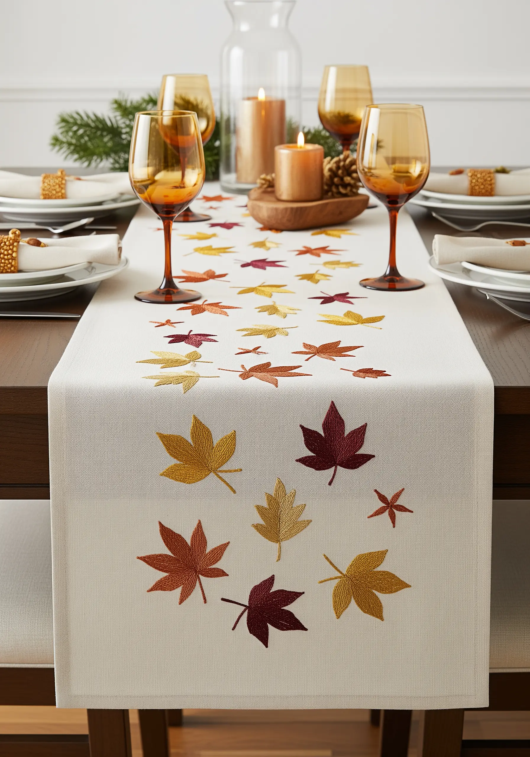 Scattered embroidered autumn leaves in gold, rust, and burgundy on a white table runner.