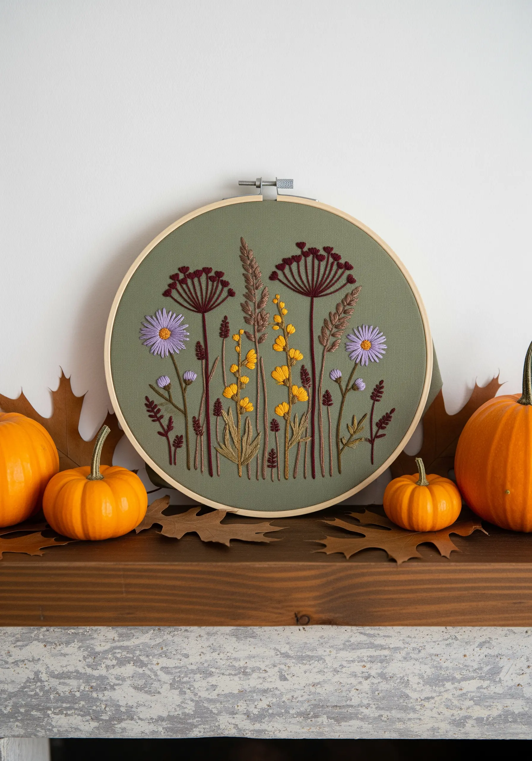 Embroidery hoop with autumnal wildflowers in muted purple, yellow, and maroon.
