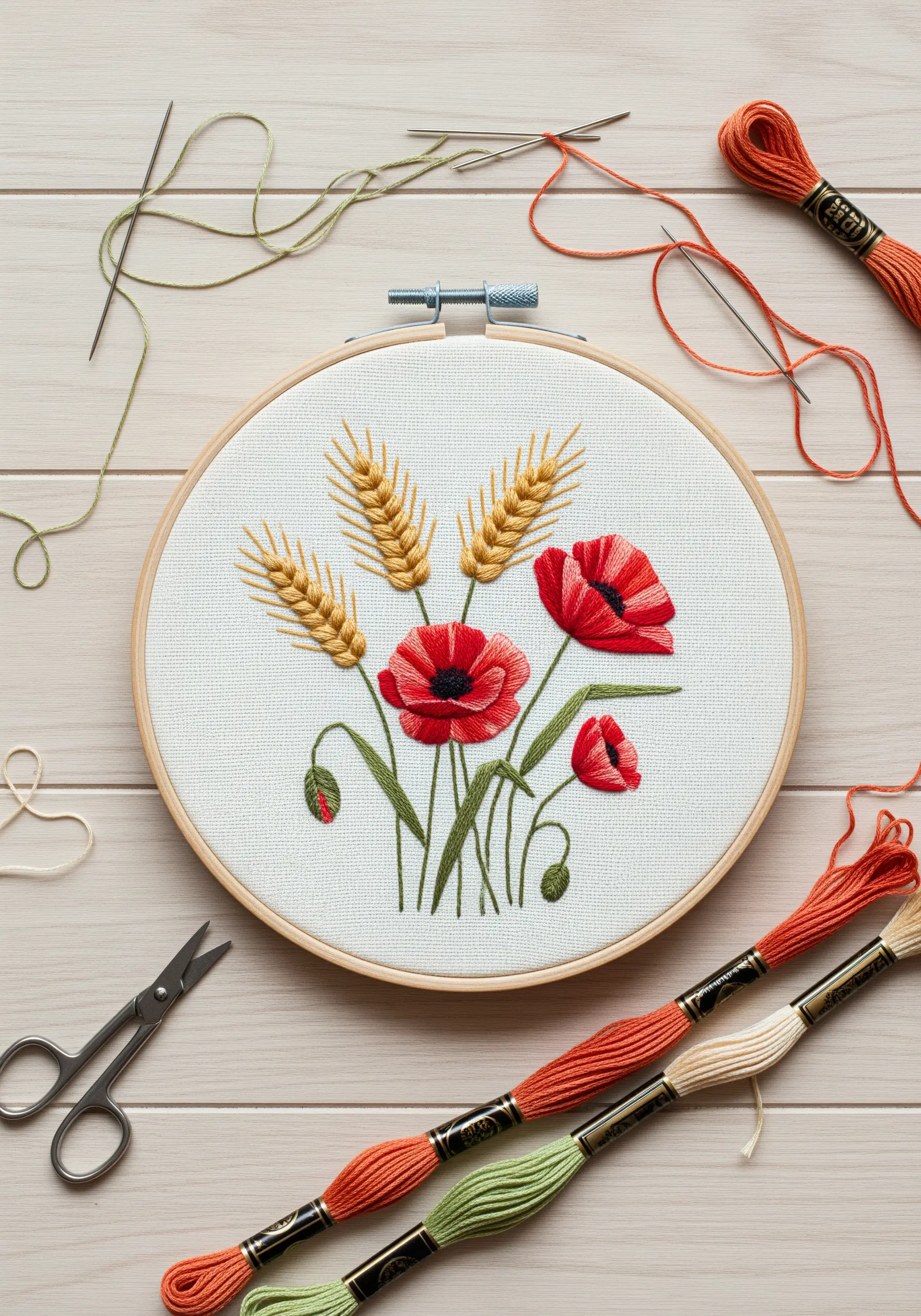 An embroidery hoop with bold red poppies and delicate golden wheat stalks.