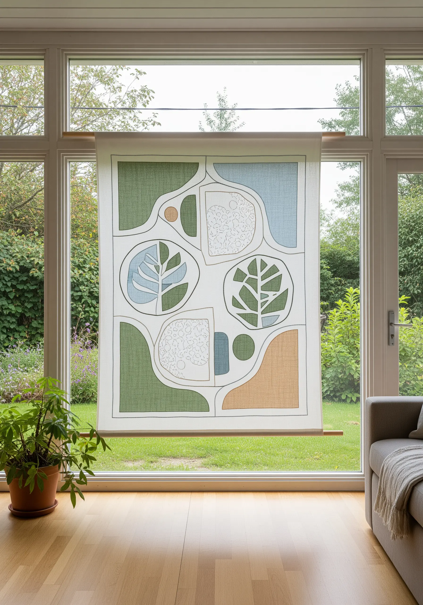 A large, modern textile wall hanging with green, blue, and tan color blocks and fine leaf details.