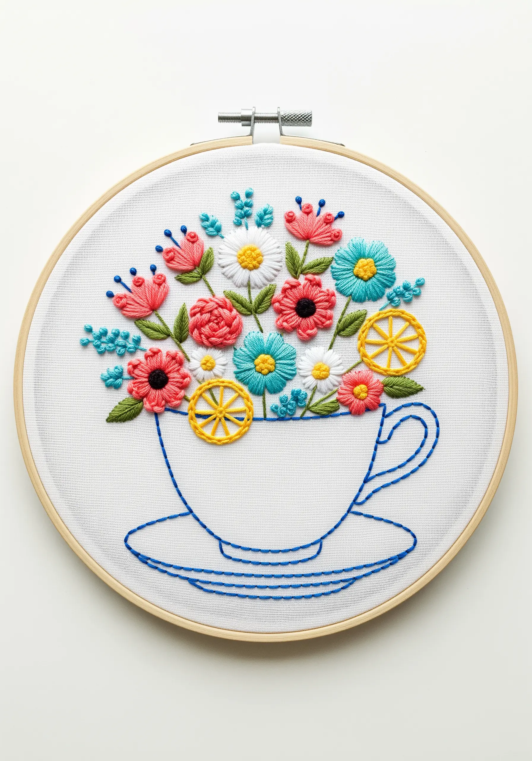 A simple outline of a teacup overflowing with colorful, densely stitched flowers.