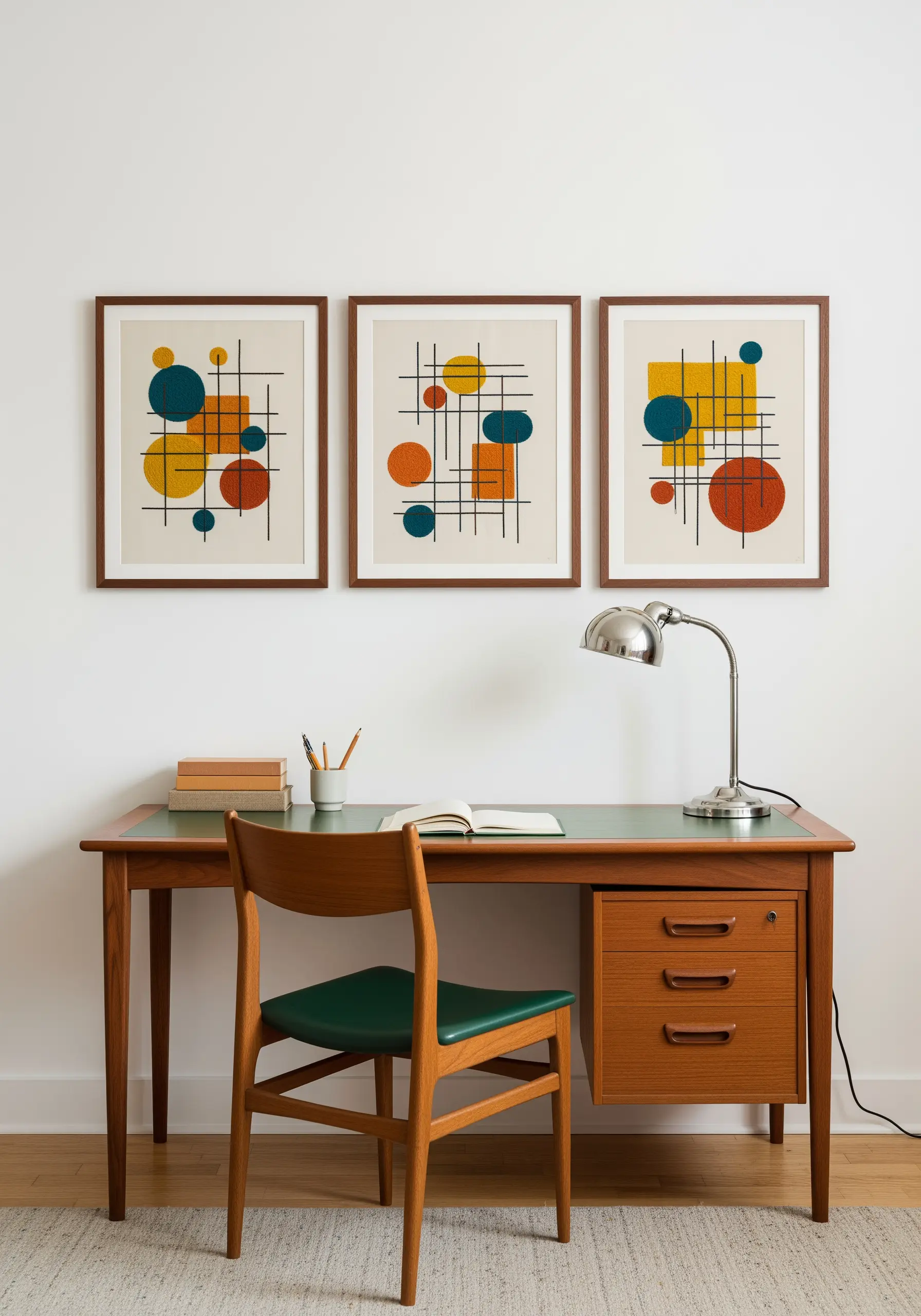 A mid-century modern embroidery with intersecting lines and colorful circles.