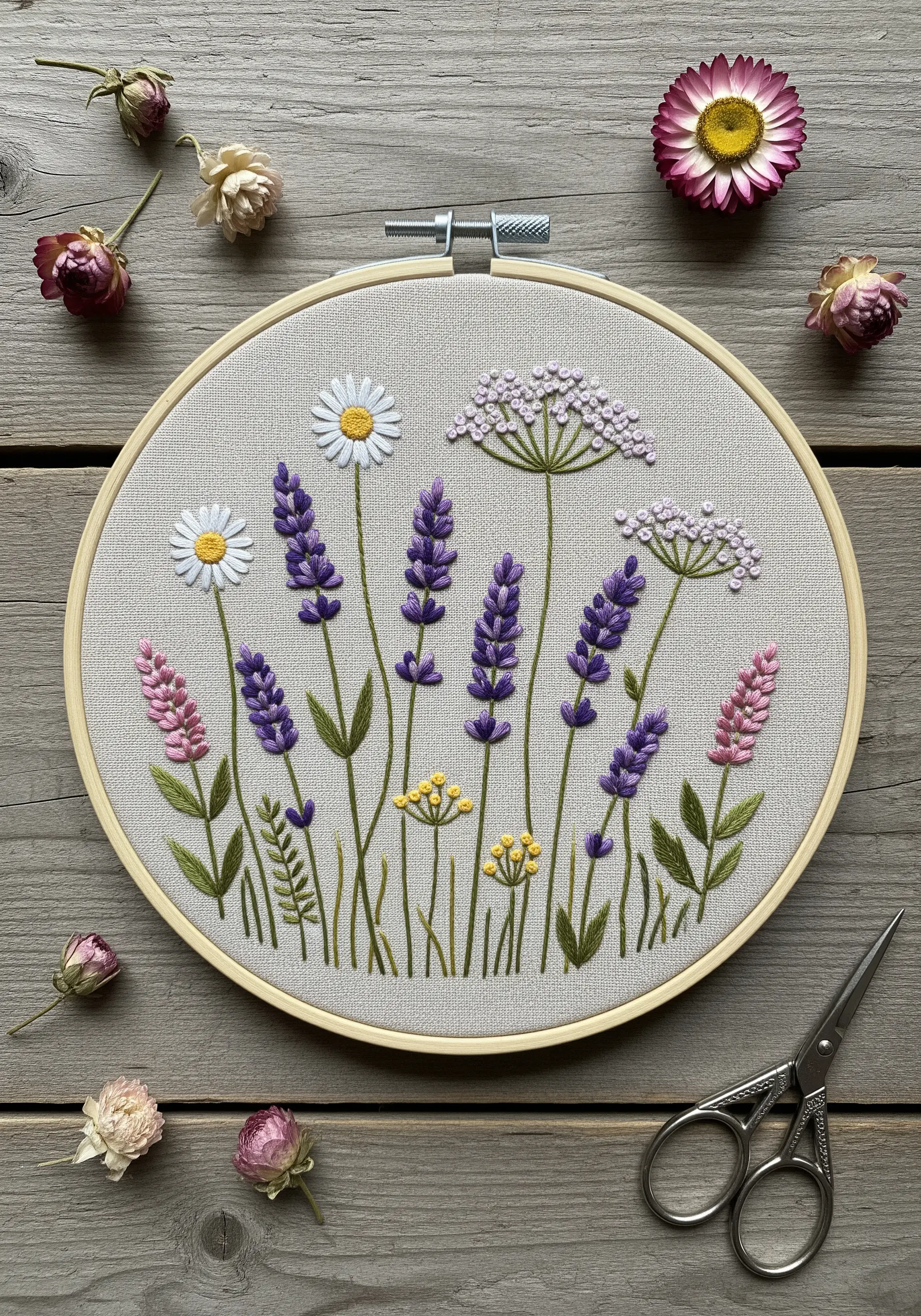 Embroidered hoop art of a wildflower meadow with lavender and daisies on linen.