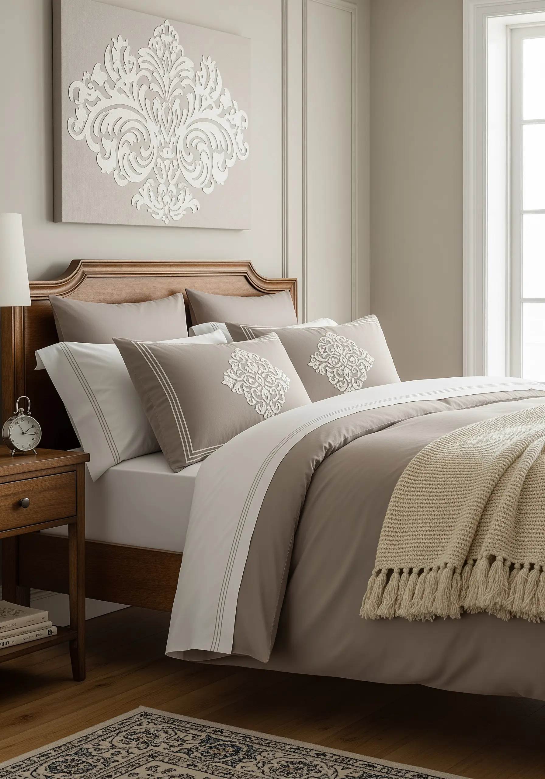An elegant white damask motif embroidered on a taupe pillow sham with a white border.