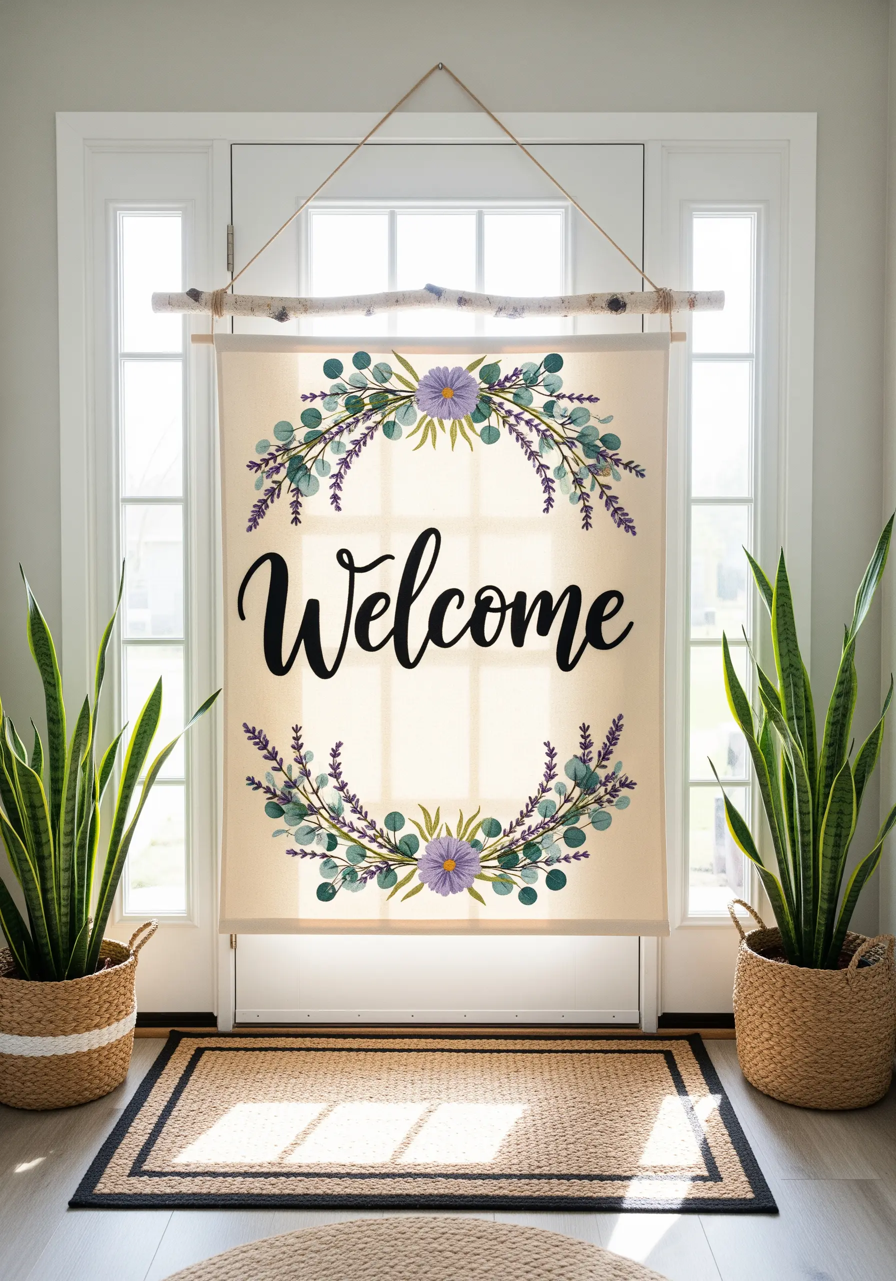 A canvas banner with the word 'Welcome' surrounded by an embroidered floral wreath.